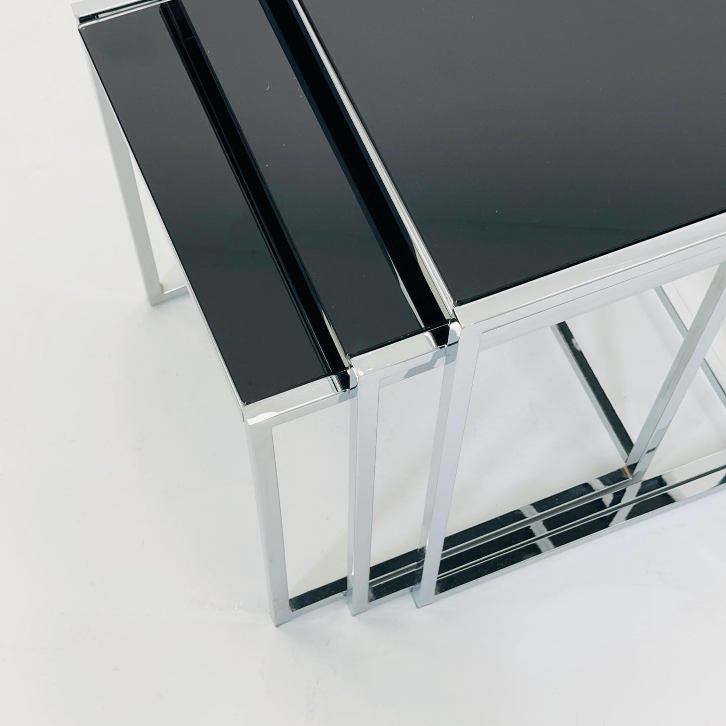 Set of 3 Italian Postmodern Nesting Tables, Black Glass & Chrome Coffee Tables, Milo Baughman Style, 1980s Italy
