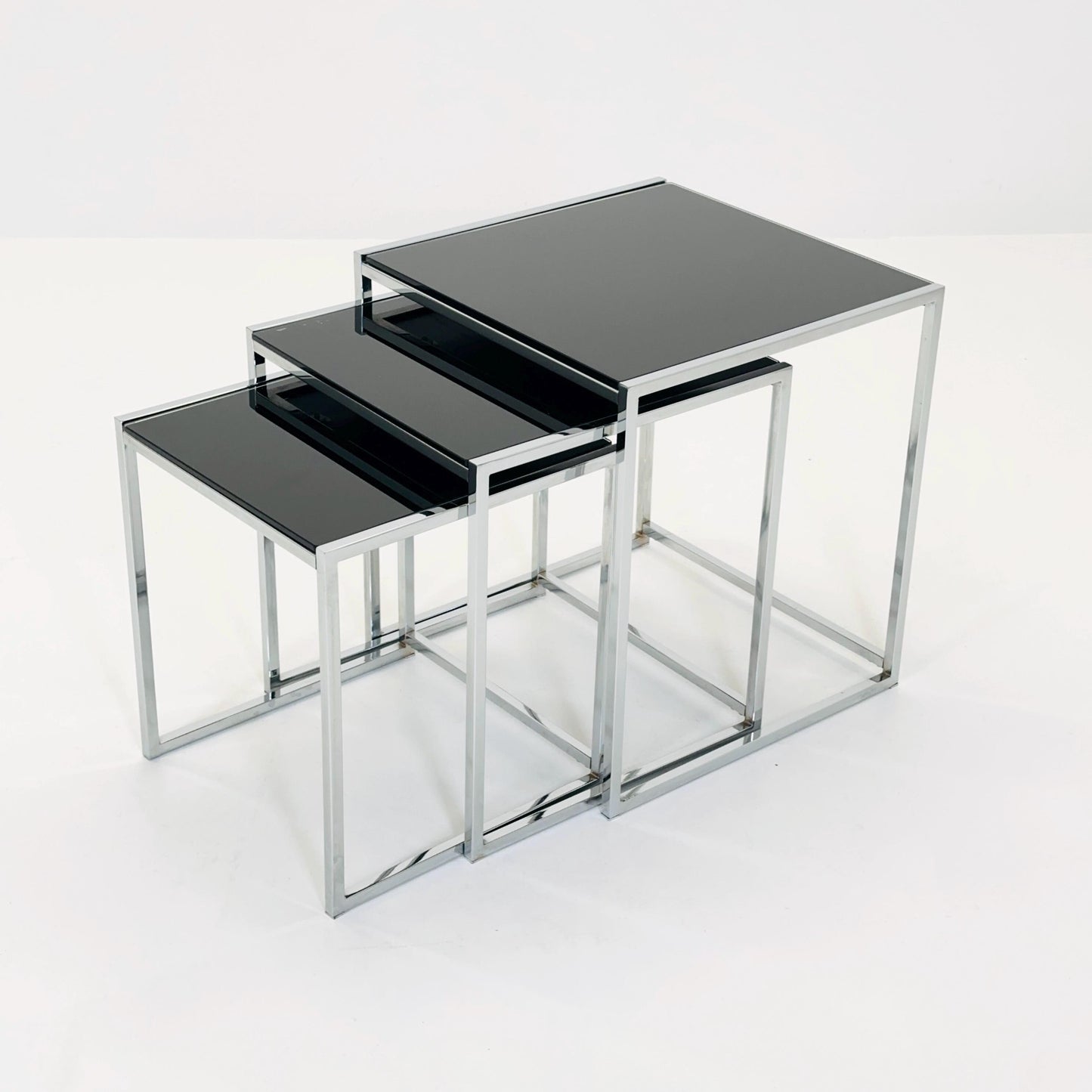 Set of 3 Italian Postmodern Nesting Tables, Black Glass & Chrome Coffee Tables, Milo Baughman Style, 1980s Italy