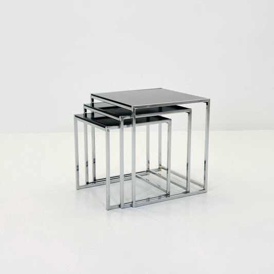 Set of 3 Italian Postmodern Nesting Tables, Black Glass & Chrome Coffee Tables, Milo Baughman Style, 1980s Italy