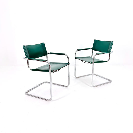 Set of 2 S34 Bauhaus Cantilever Chairs – Dark Green Leather – Mart Stam & Marcel Breuer – Italy 1980s