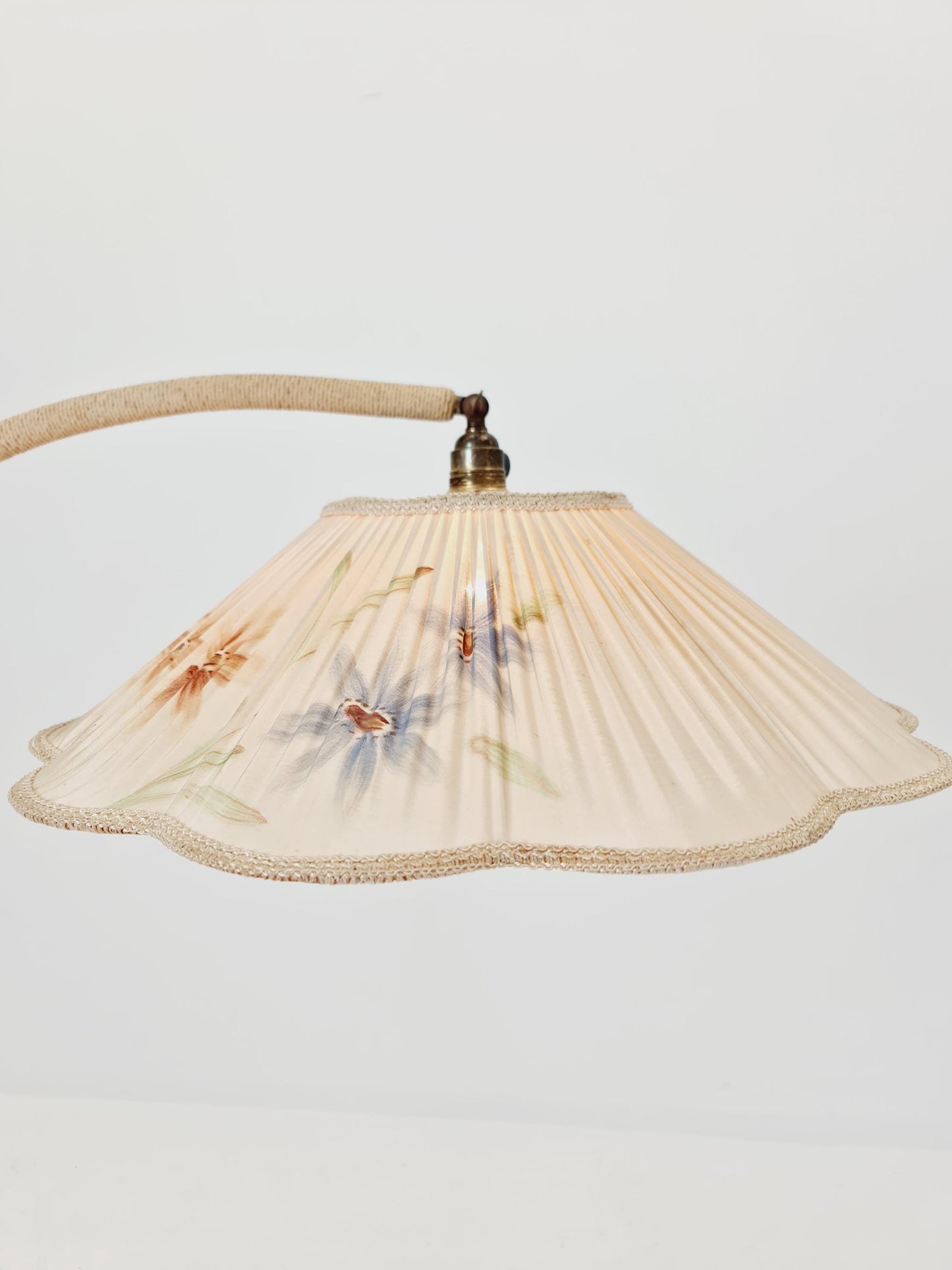 Rare Midcentury vintage gooseneck floor lamp in Wood and Dansih cord shade by Marksljöd Sweden, 1940s