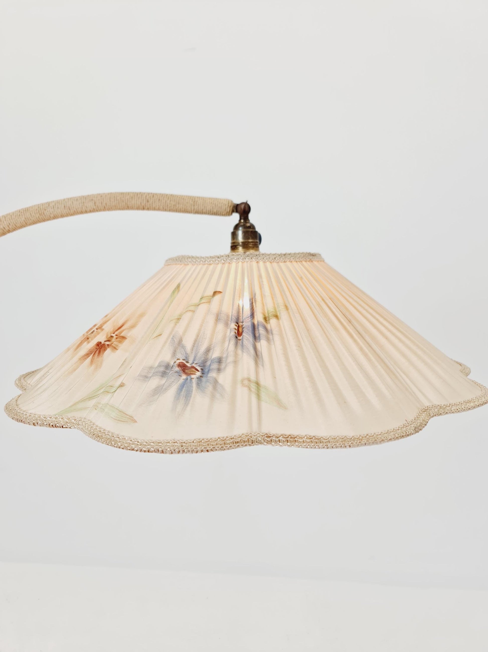 Rare Midcentury vintage gooseneck floor lamp in Wood and Dansih cord shade by Marksljöd Sweden, 1940s