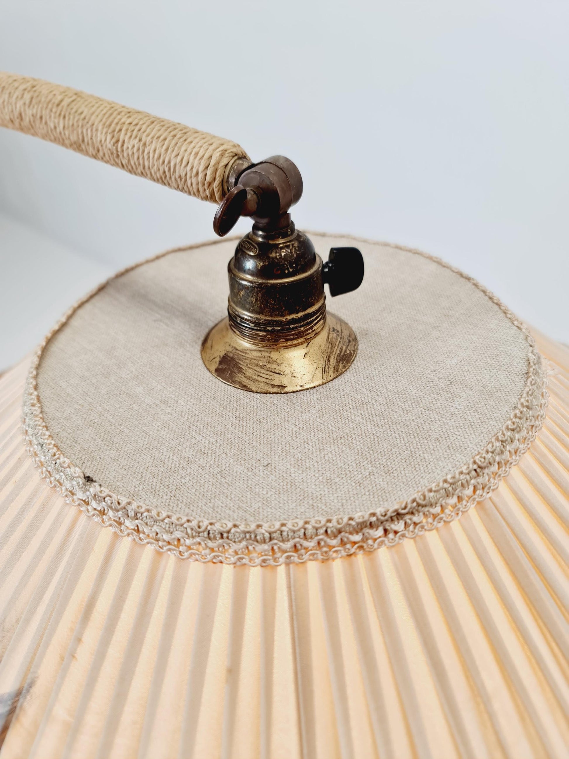 Rare Midcentury vintage gooseneck floor lamp in Wood and Dansih cord shade by Marksljöd Sweden, 1940s