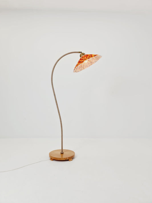 Rare Midcentury vintage gooseneck floor lamp in Wood and Dansih cord shade by Marksljöd Sweden, 1940s