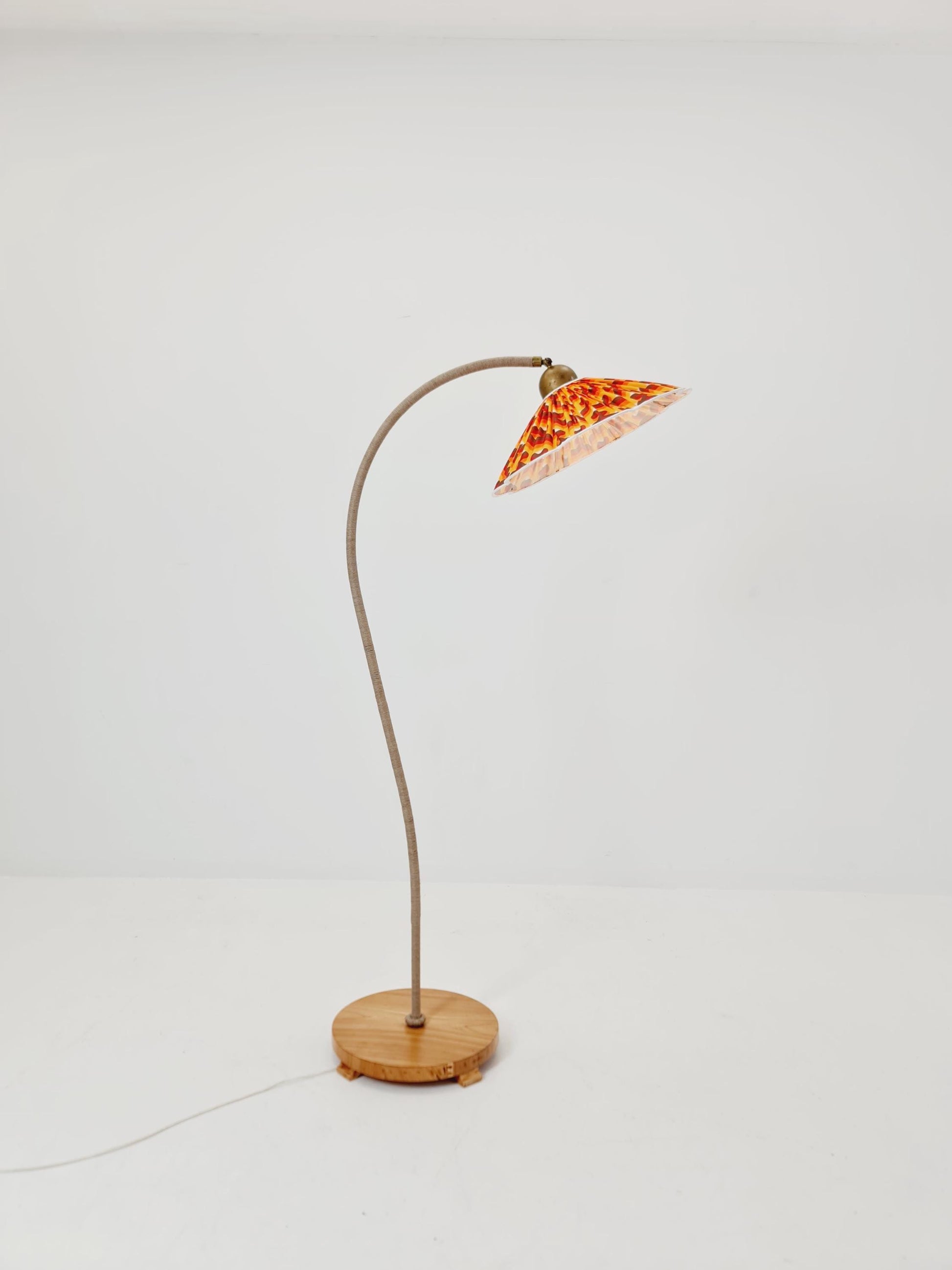 Rare Midcentury vintage gooseneck floor lamp in Wood and Dansih cord shade by Marksljöd Sweden, 1940s