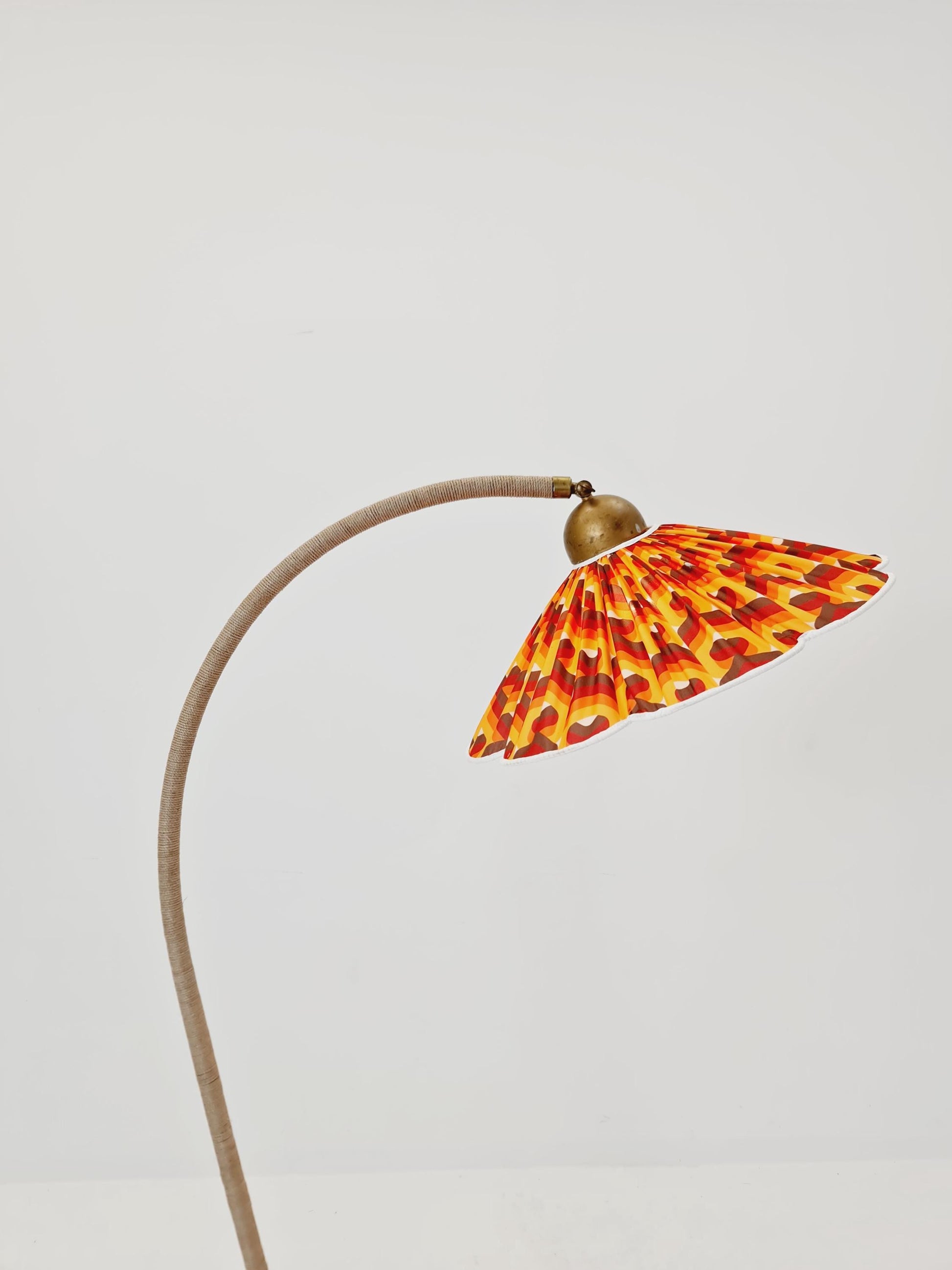 Rare Midcentury vintage gooseneck floor lamp in Wood and Dansih cord shade by Marksljöd Sweden, 1940s