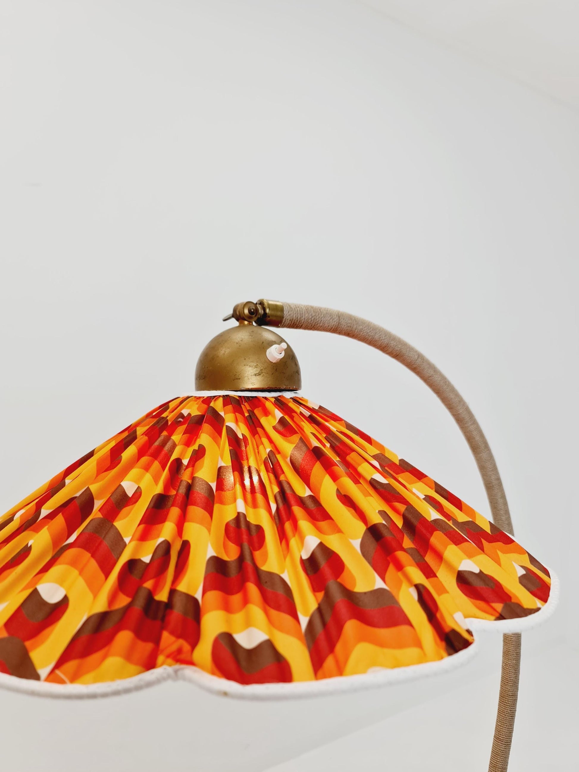 Rare Midcentury vintage gooseneck floor lamp in Wood and Dansih cord shade by Marksljöd Sweden, 1940s