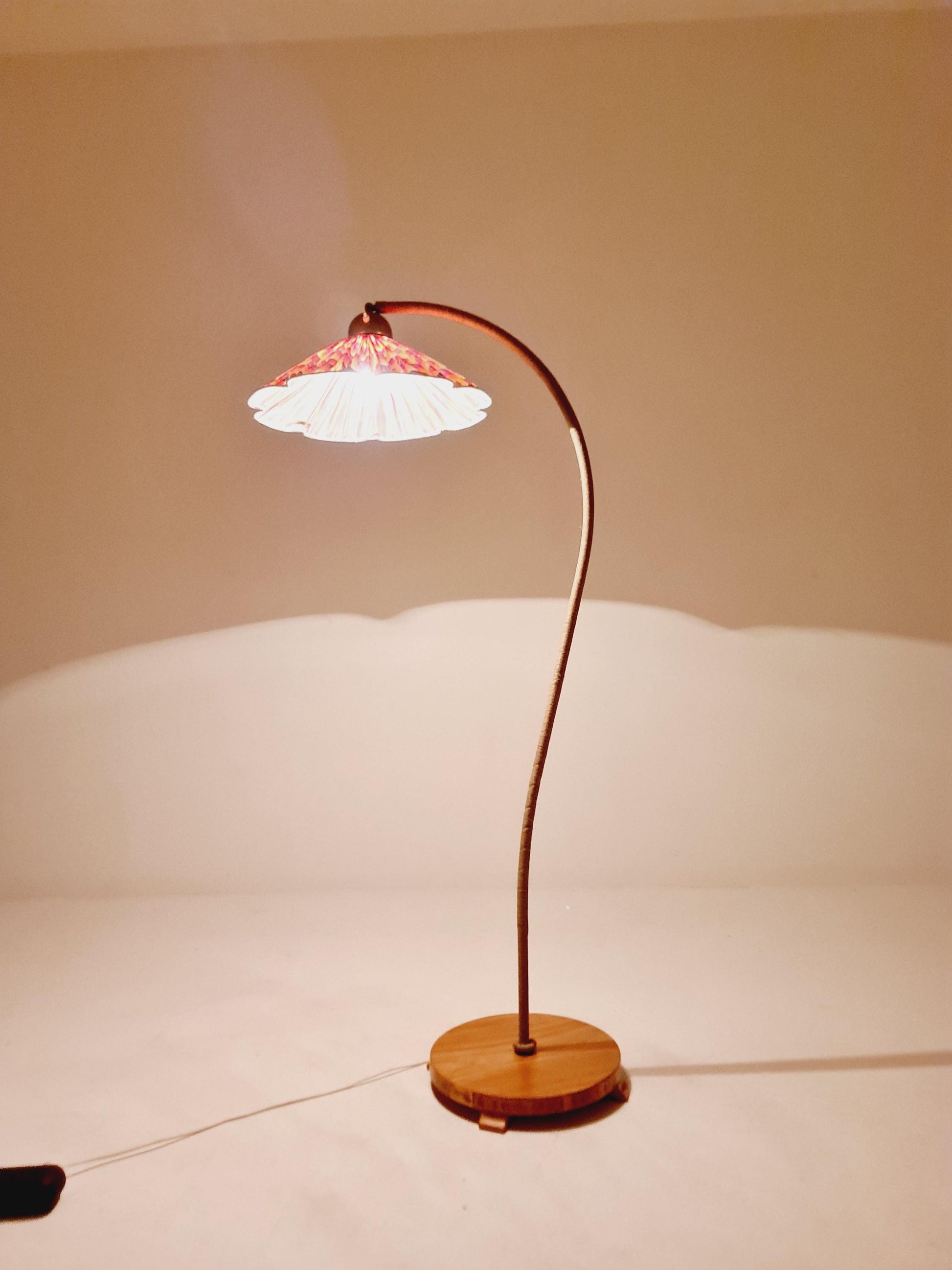 Rare Midcentury vintage gooseneck floor lamp in Wood and Dansih cord shade by Marksljöd Sweden, 1940s