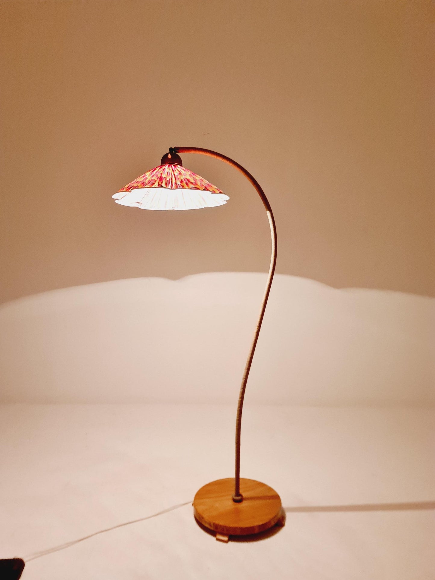 Rare Midcentury vintage gooseneck floor lamp in Wood and Dansih cord shade by Marksljöd Sweden, 1940s