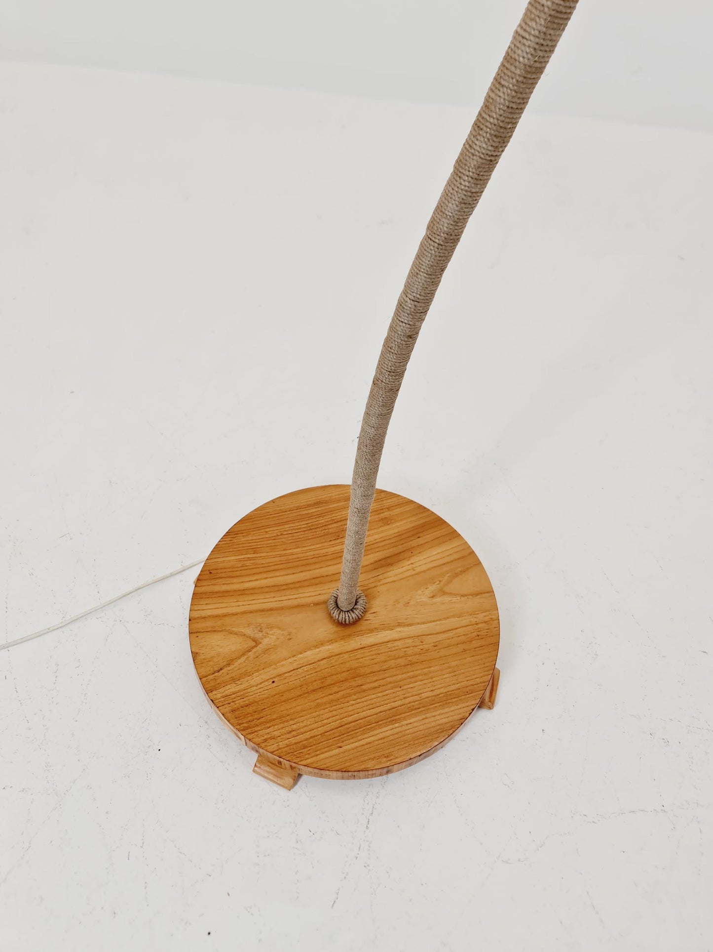 Rare Midcentury vintage gooseneck floor lamp in Wood and Dansih cord shade by Marksljöd Sweden, 1940s