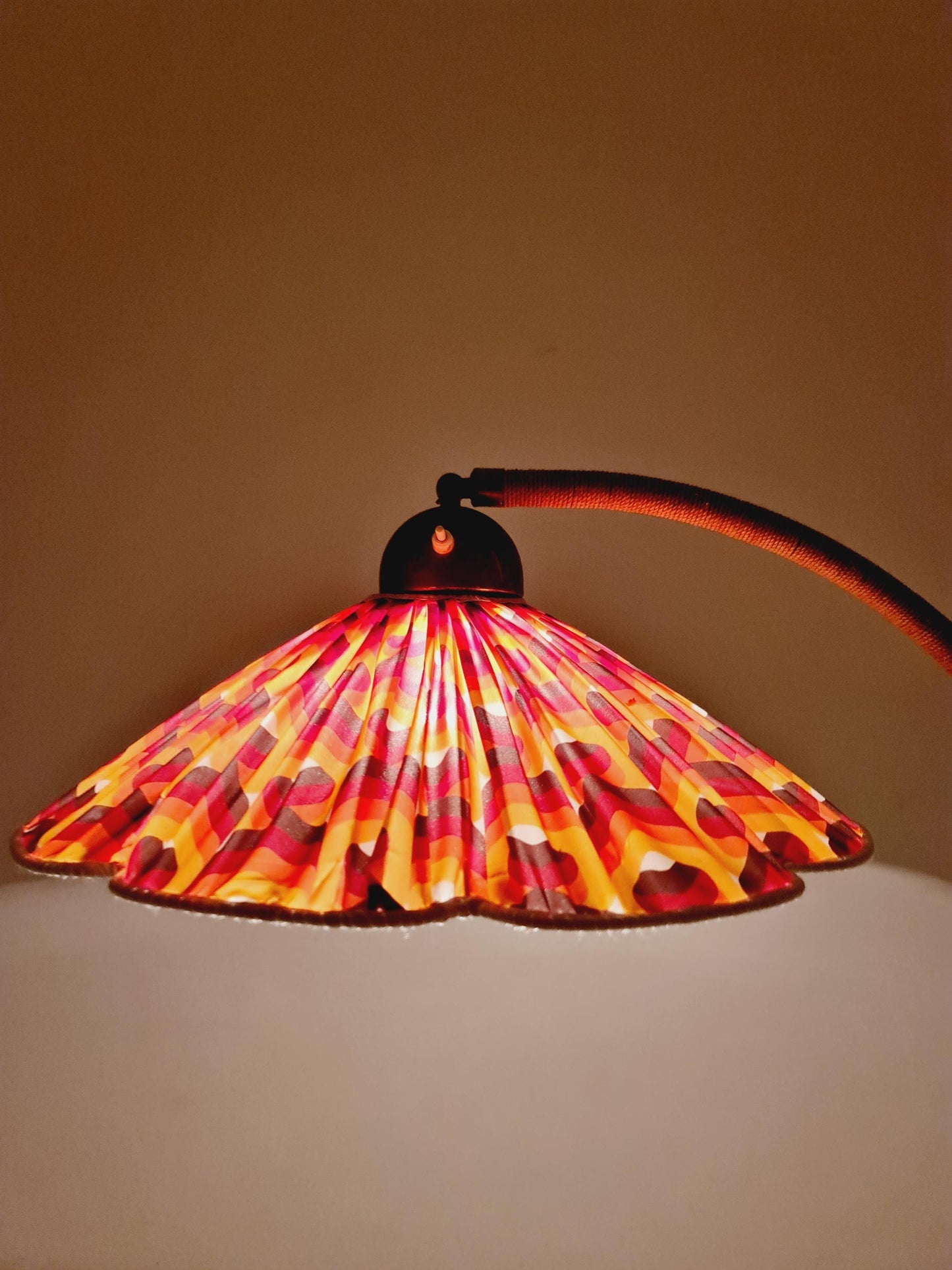 Rare Midcentury vintage gooseneck floor lamp in Wood and Dansih cord shade by Marksljöd Sweden, 1940s