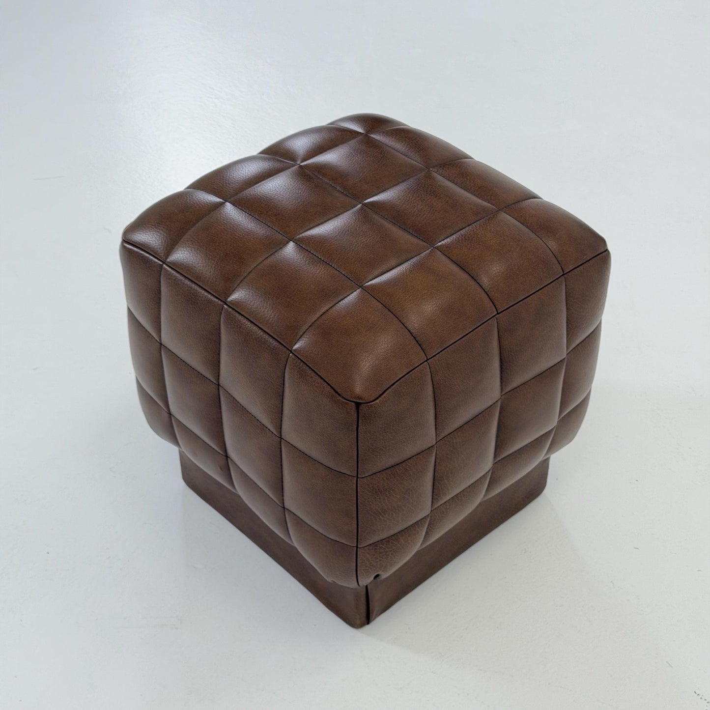 Mid-Century Cubist Brown Leather Stool / Ottoman – Quilted Patchwork Design – Germany, 1980s