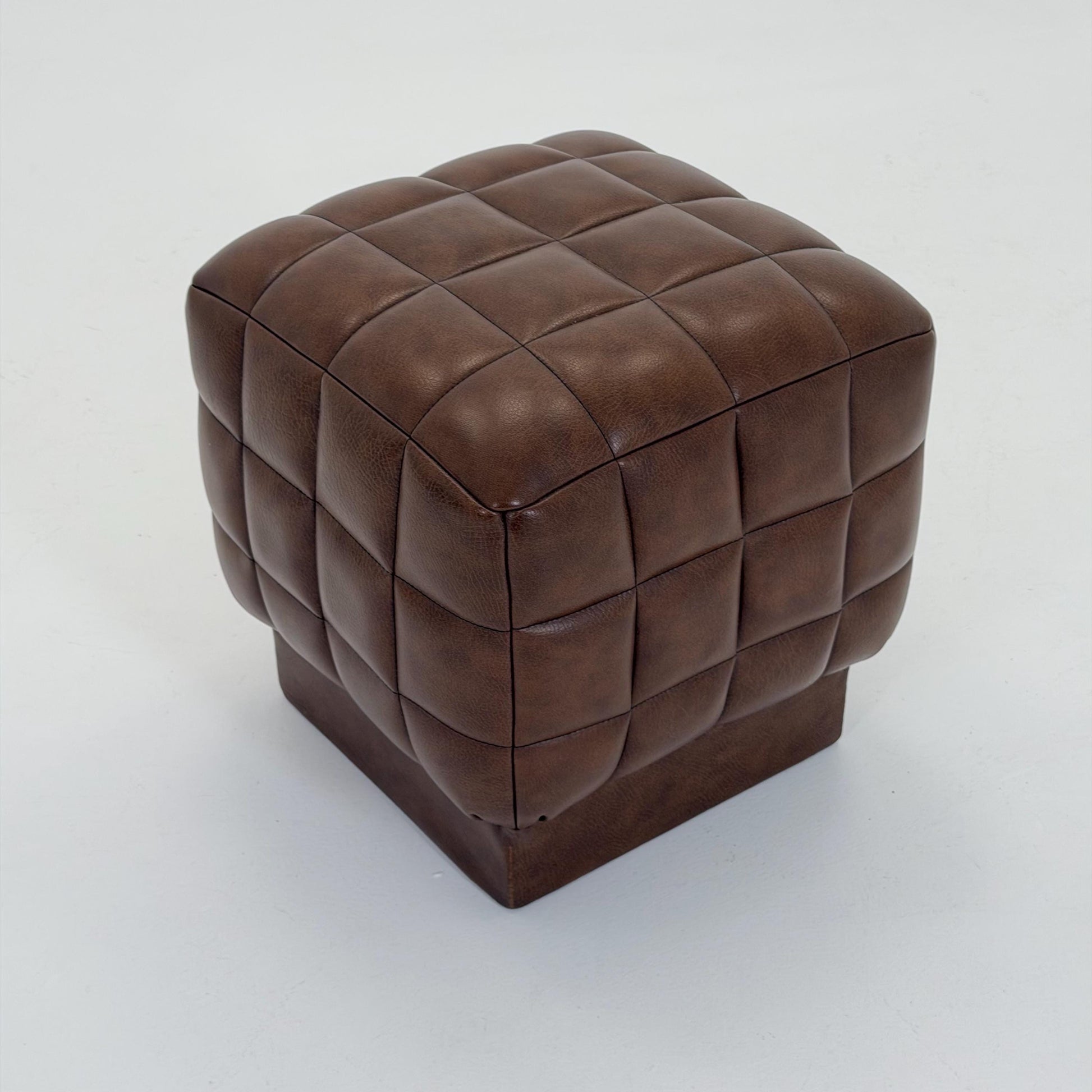 Mid-Century Cubist Brown Leather Stool / Ottoman – Quilted Patchwork Design – Germany, 1980s