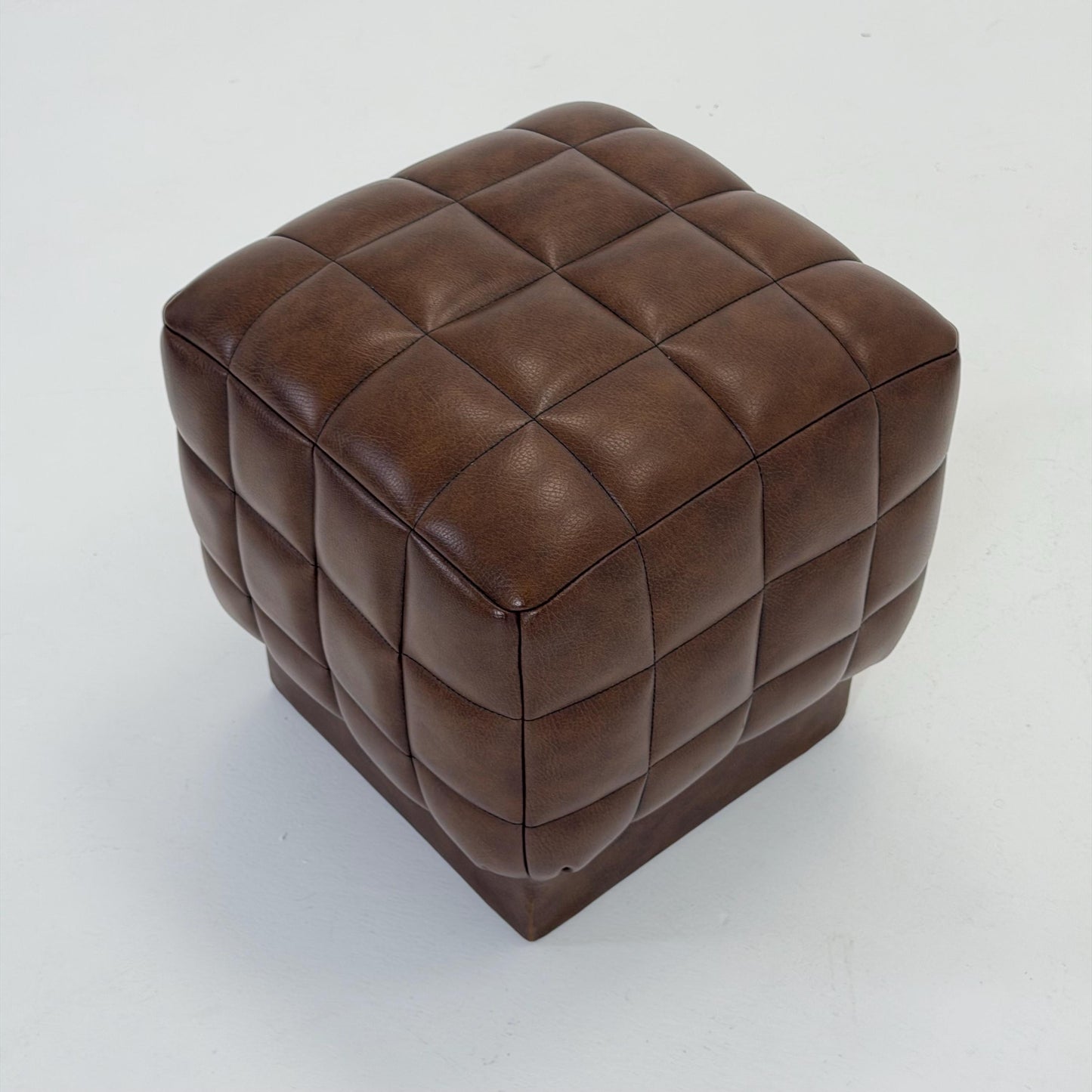 Mid-Century Cubist Brown Leather Stool / Ottoman – Quilted Patchwork Design – Germany, 1980s