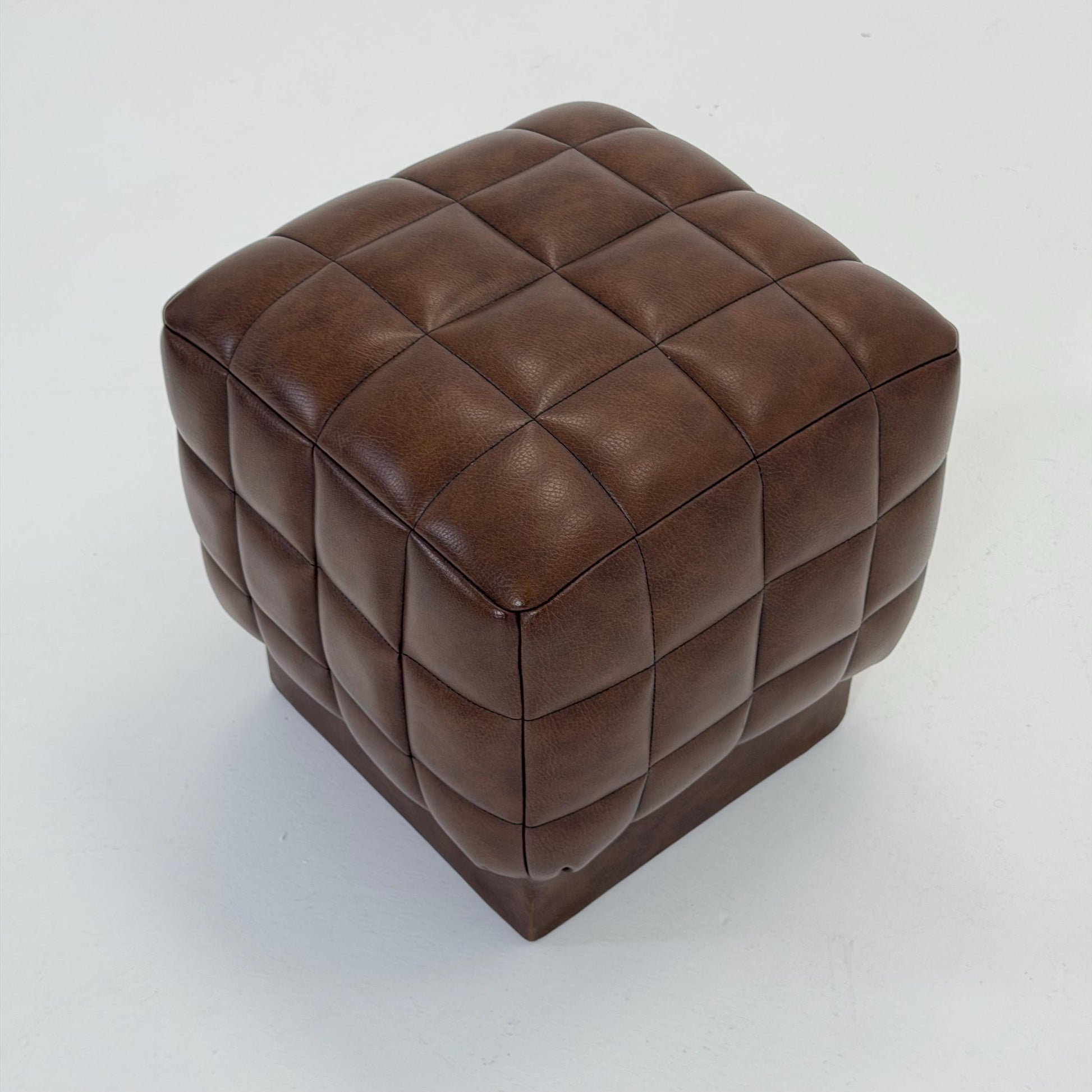 Mid-Century Cubist Brown Leather Stool / Ottoman – Quilted Patchwork Design – Germany, 1980s