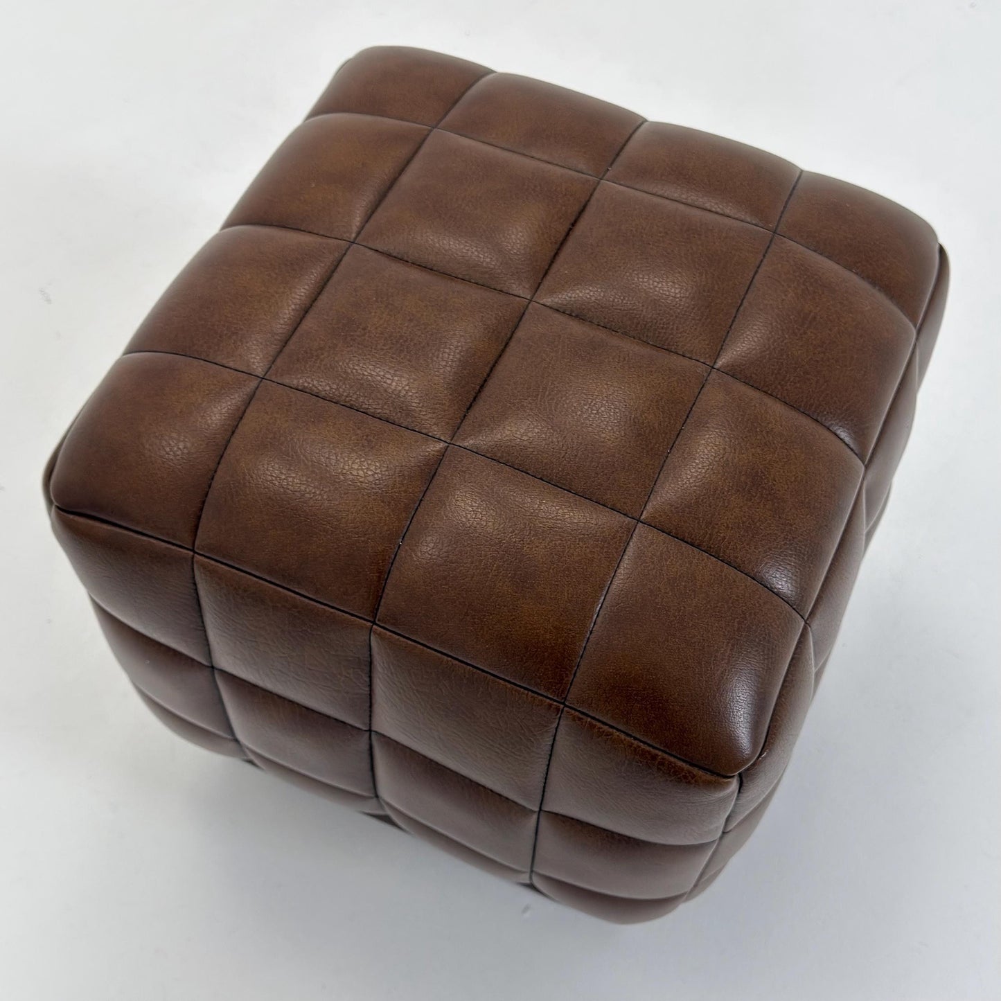 Mid-Century Cubist Brown Leather Stool / Ottoman – Quilted Patchwork Design – Germany, 1980s