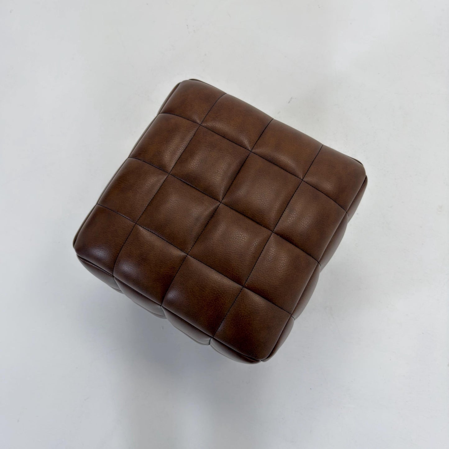 Mid-Century Cubist Brown Leather Stool / Ottoman – Quilted Patchwork Design – Germany, 1980s