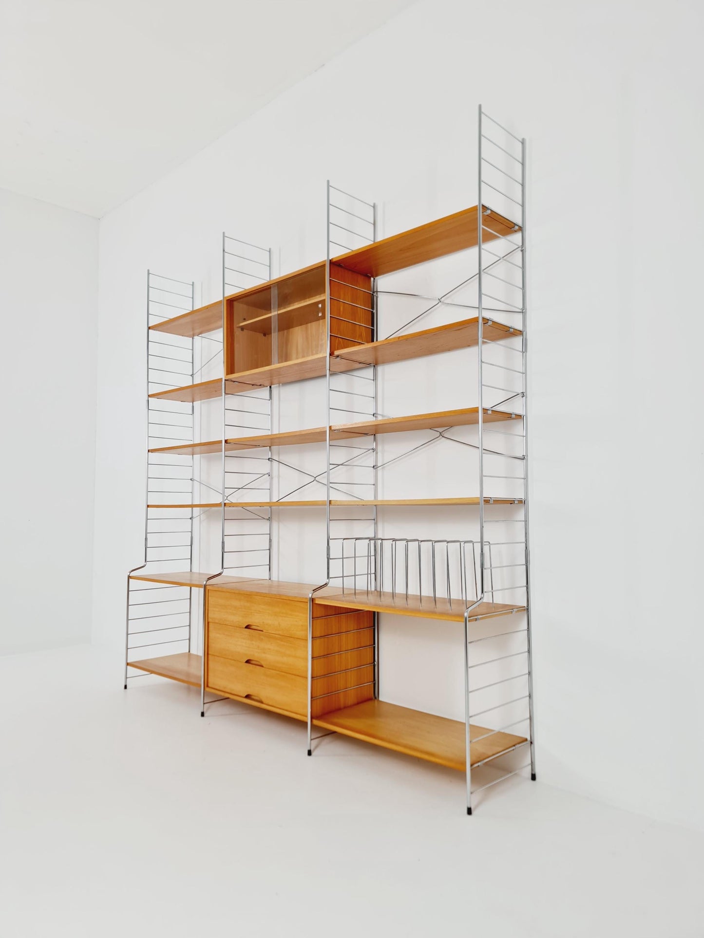 Mid century String shelf-system, bookcase with Record cabinet Ash wood by WHB Germany, 1950s