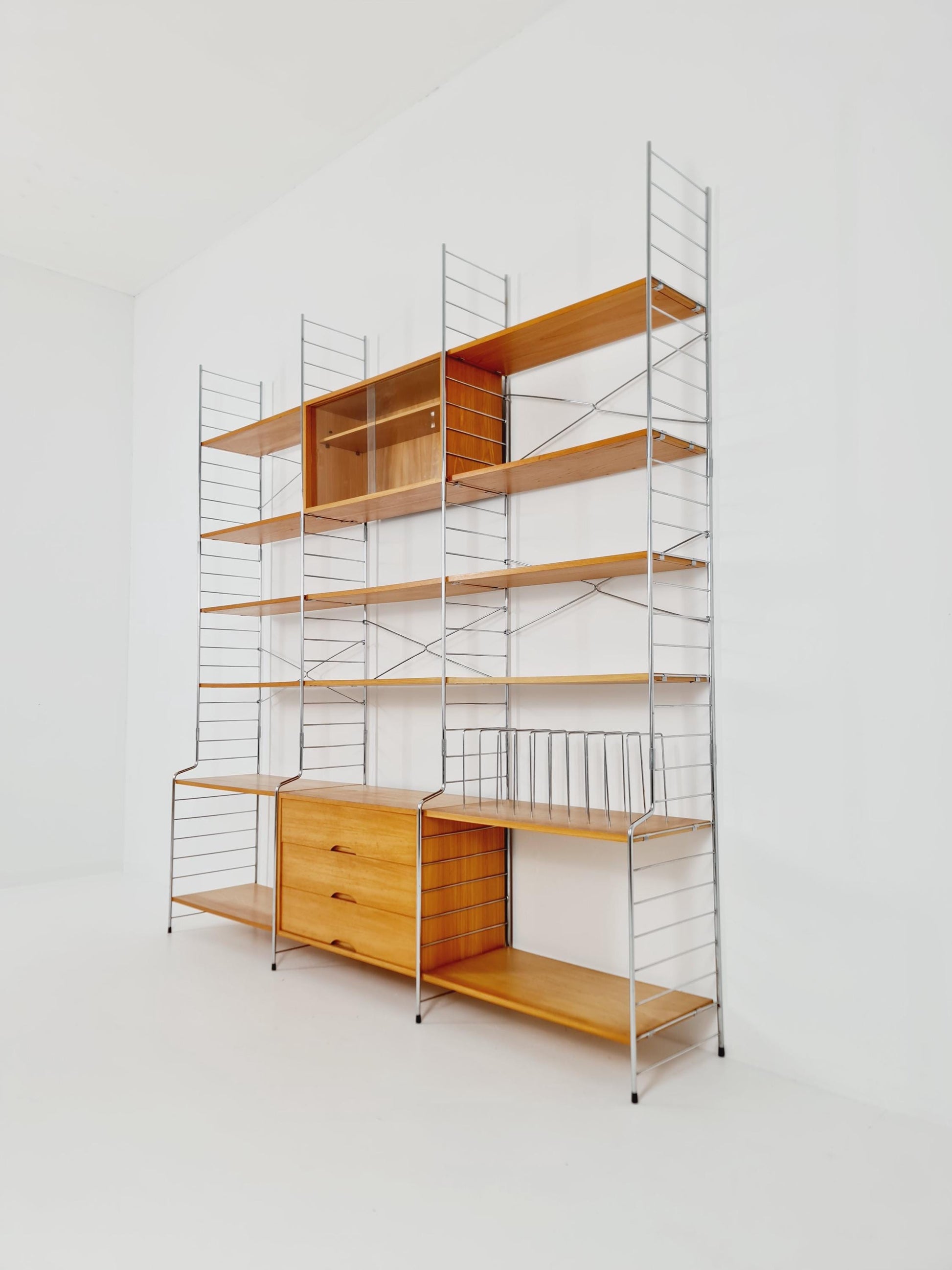 Mid century String shelf-system, bookcase with Record cabinet Ash wood by WHB Germany, 1950s