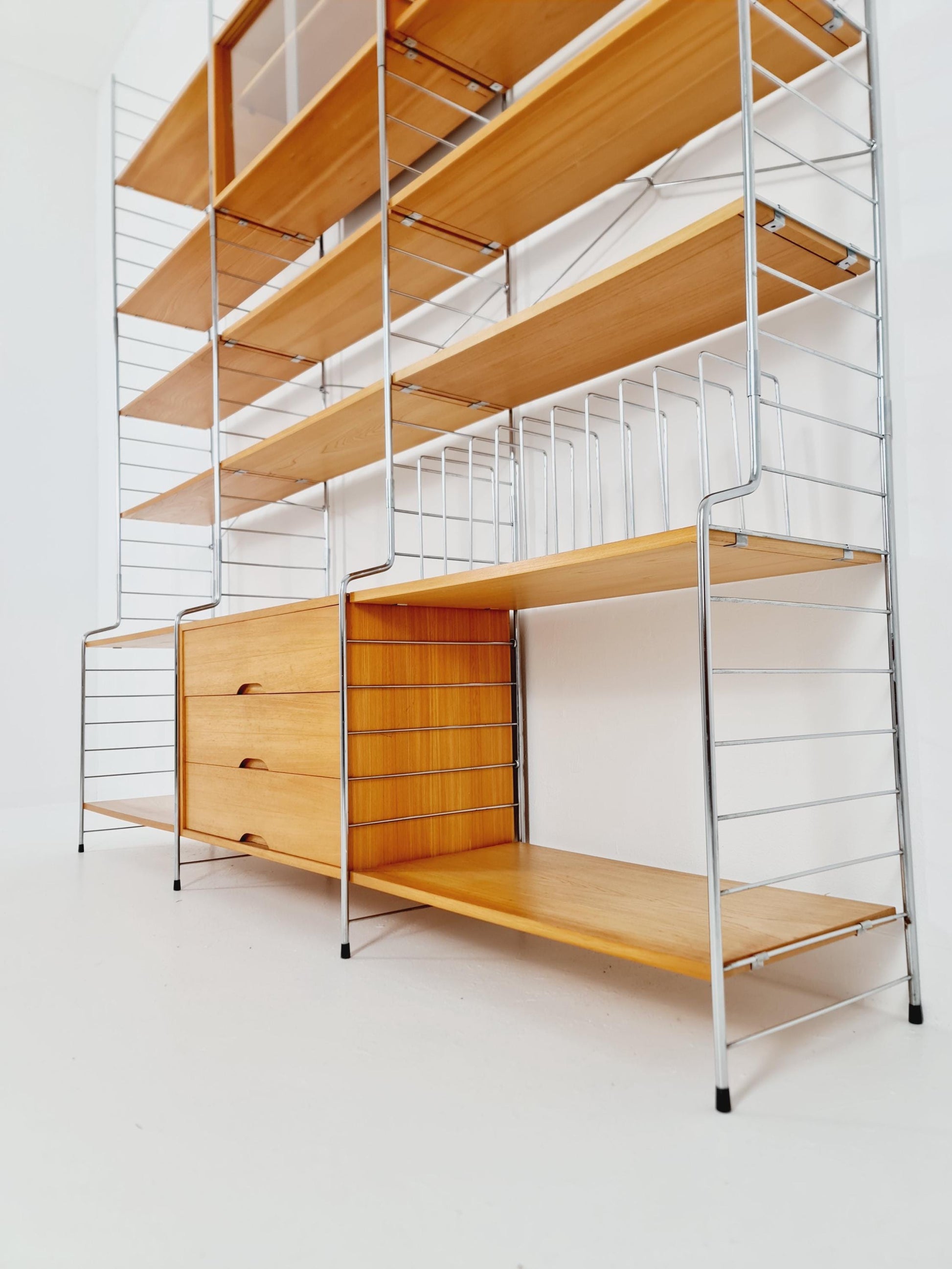 Mid century String shelf-system, bookcase with Record cabinet Ash wood by WHB Germany, 1950s
