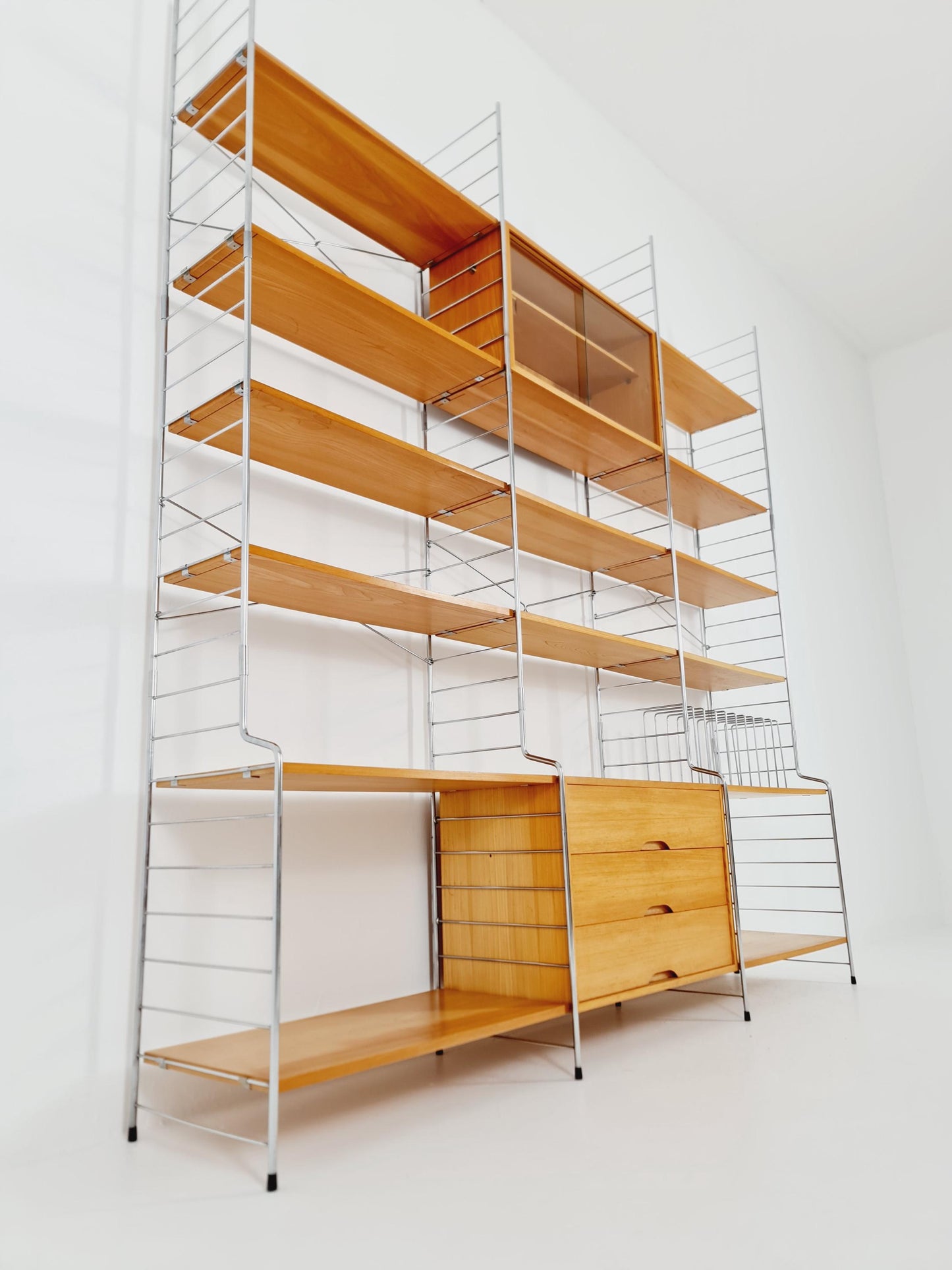 Mid century String shelf-system, bookcase with Record cabinet Ash wood by WHB Germany, 1950s