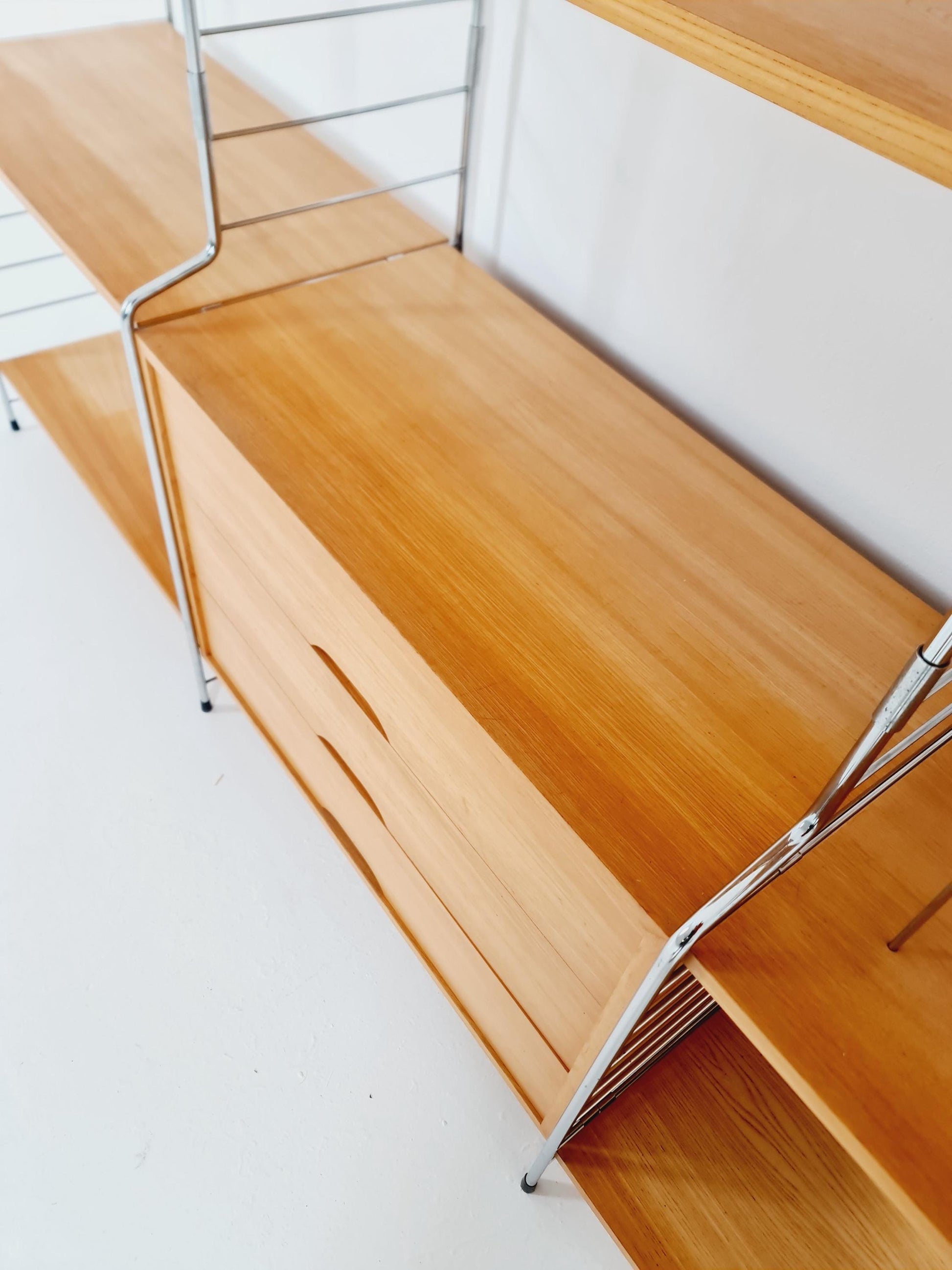 Mid century String shelf-system, bookcase with Record cabinet Ash wood by WHB Germany, 1950s