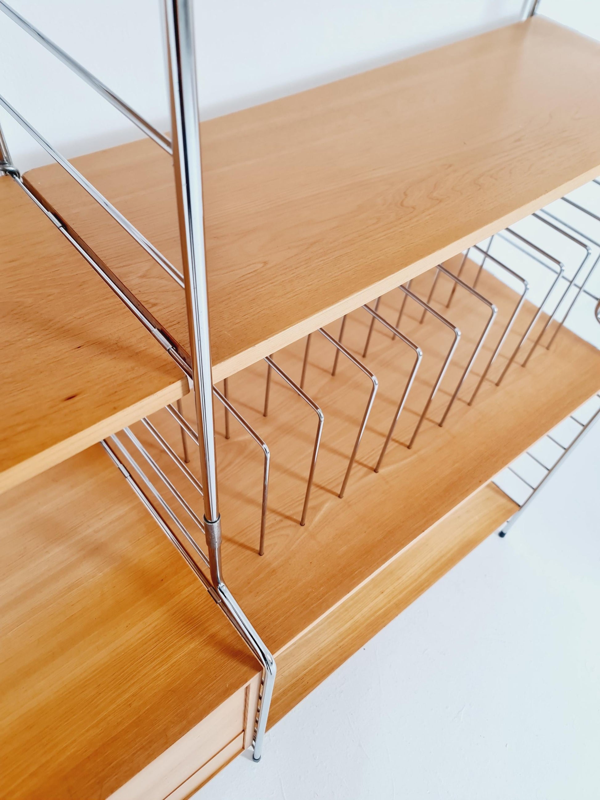 Mid century String shelf-system, bookcase with Record cabinet Ash wood by WHB Germany, 1950s