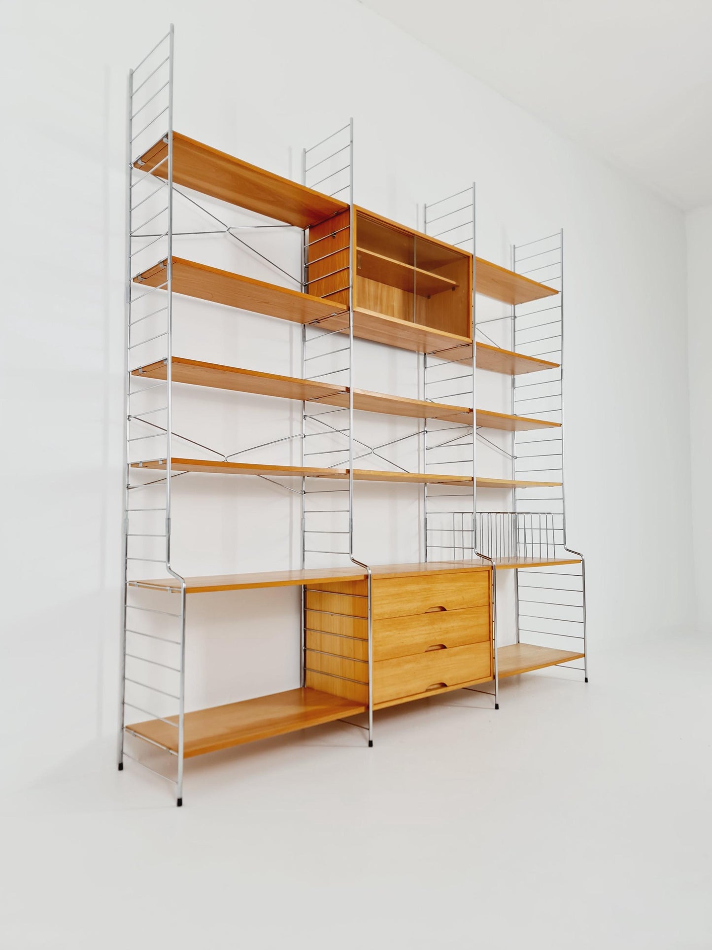 Mid century String shelf-system, bookcase with Record cabinet Ash wood by WHB Germany, 1950s