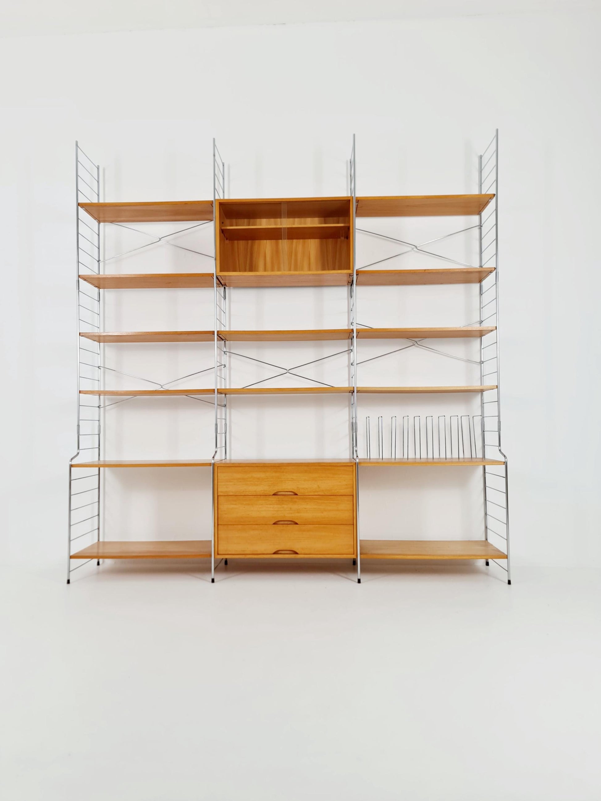 Mid century String shelf-system, bookcase with Record cabinet Ash wood by WHB Germany, 1950s