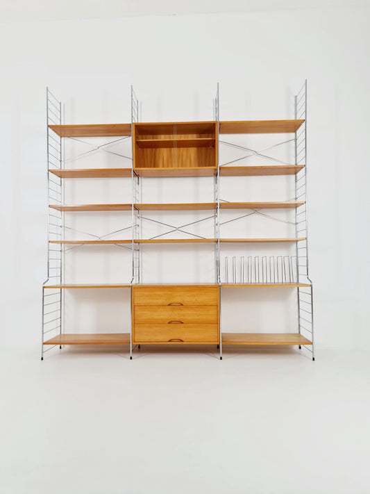 Mid century String shelf-system, bookcase with Record cabinet Ash wood by WHB Germany, 1950s