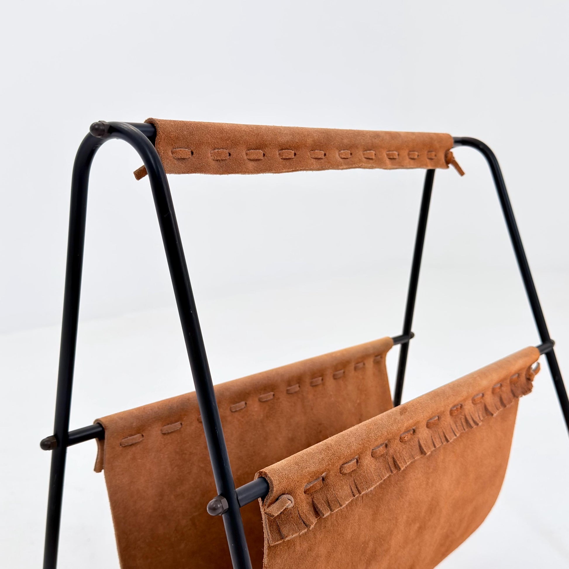 Mid Century Modern Magazine Holder 1960s | Leather & Metal Magazine Rack | Vintage German Design