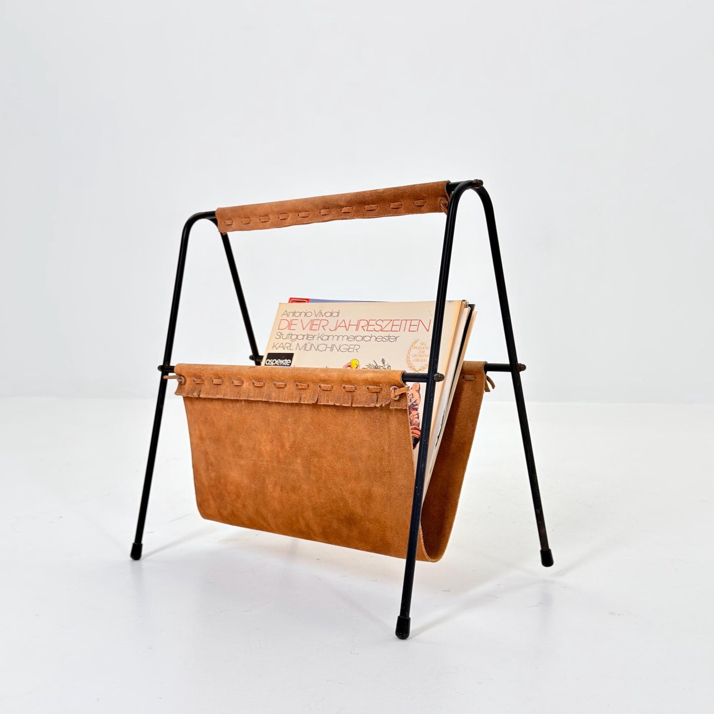 Mid Century Modern Magazine Holder 1960s | Leather & Metal Magazine Rack | Vintage German Design