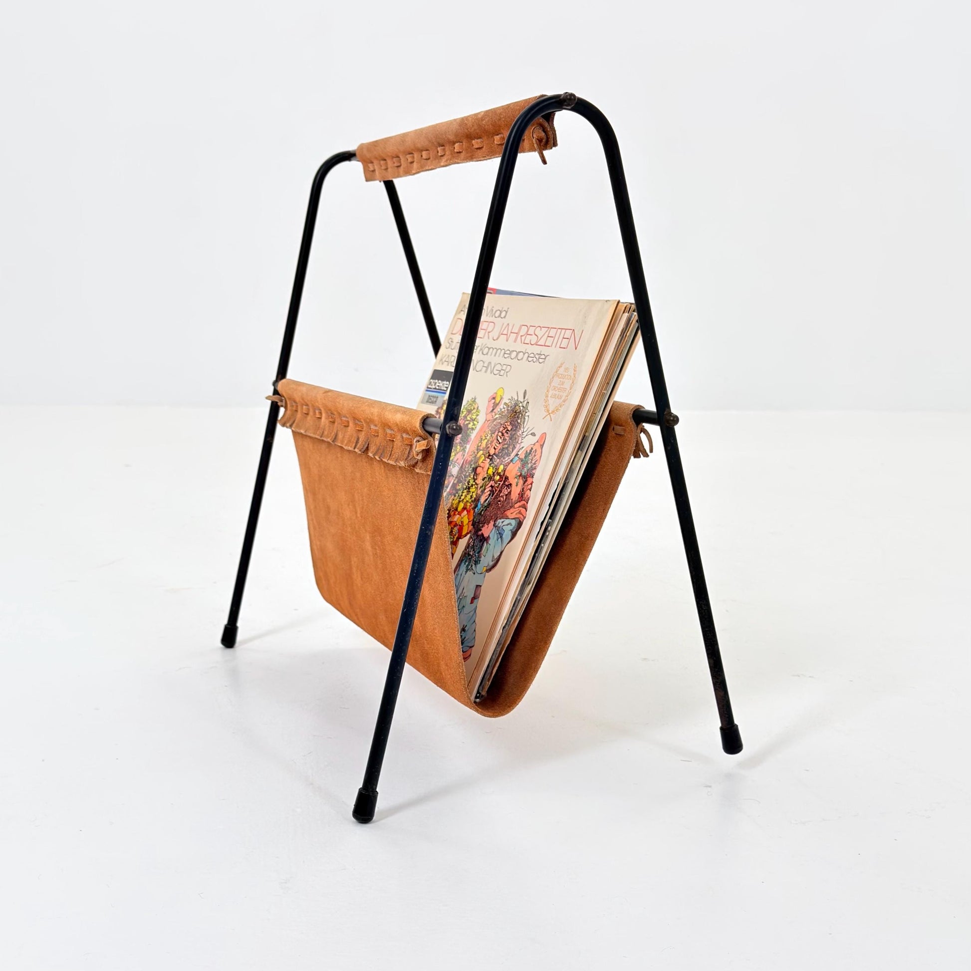 Mid Century Modern Magazine Holder 1960s | Leather & Metal Magazine Rack | Vintage German Design