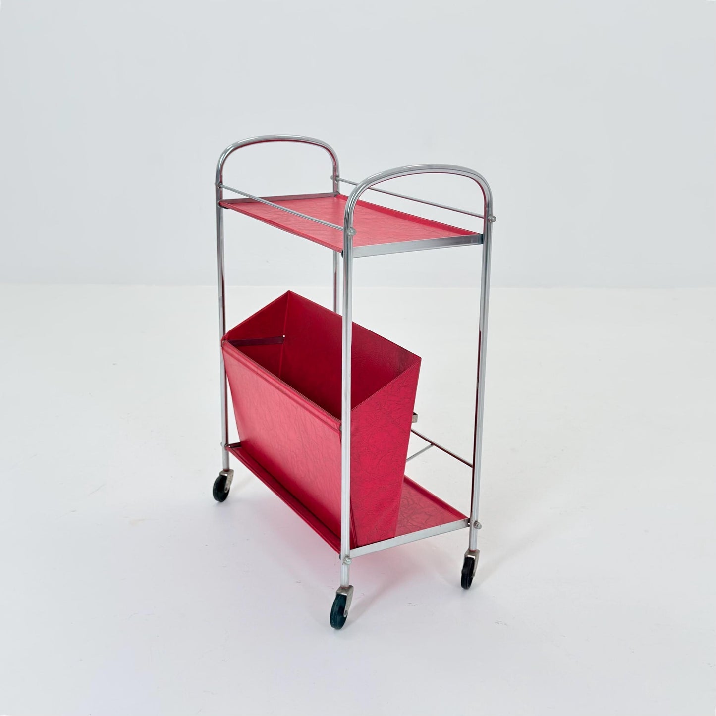 Mid century Bauhaus Rolling magazine holder - bar cart - side table chrome and red vinyl -1980s Germany