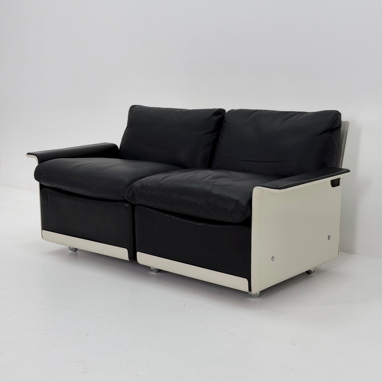 Rare Space Age Lounge Set 4-Piece by Dieter Rams Two Sofas, Armchair Ottoman | Original Black Leather 1960s Germany