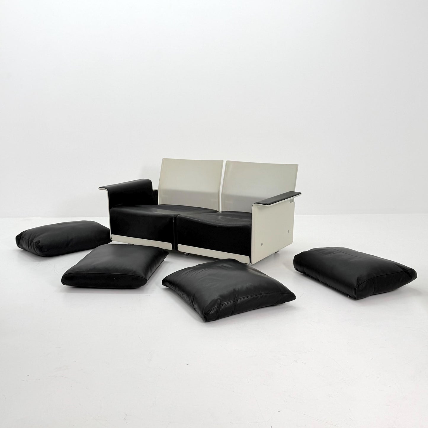 Rare Space Age Lounge Set 4-Piece by Dieter Rams Two Sofas, Armchair Ottoman | Original Black Leather 1960s Germany