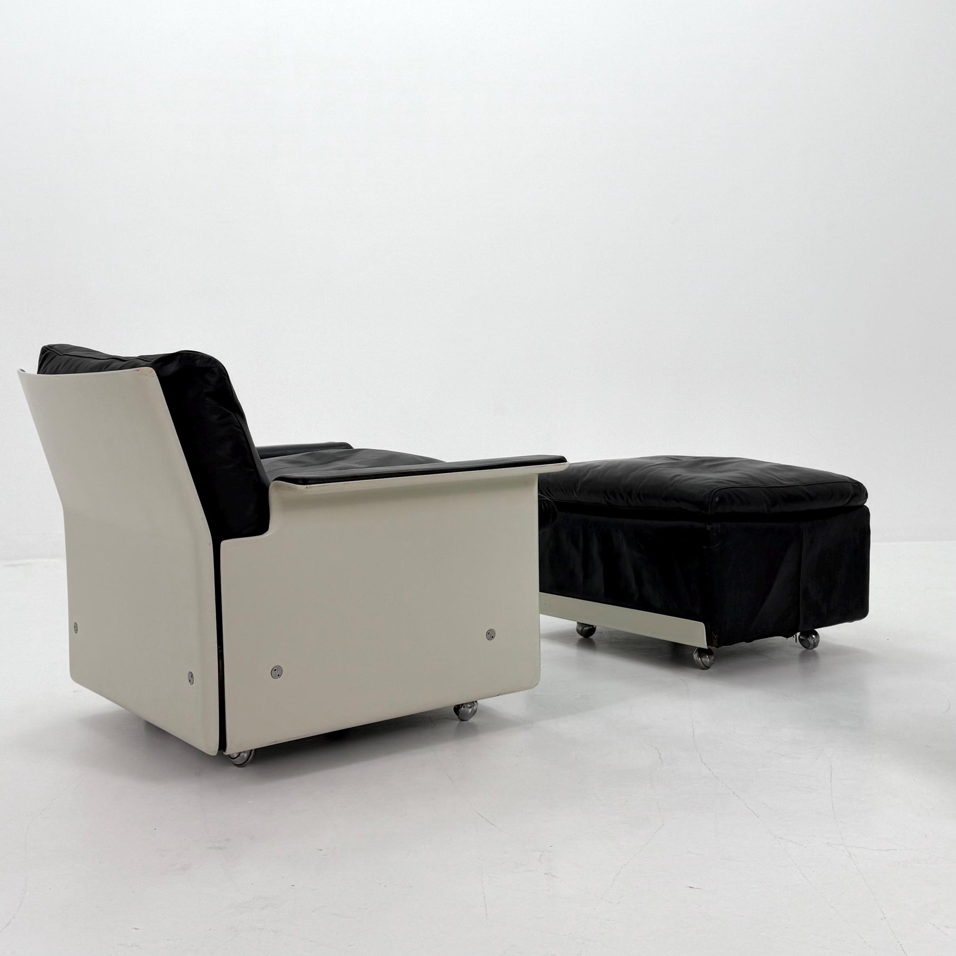 Rare Space Age Lounge Set 4-Piece by Dieter Rams Two Sofas, Armchair Ottoman | Original Black Leather 1960s Germany