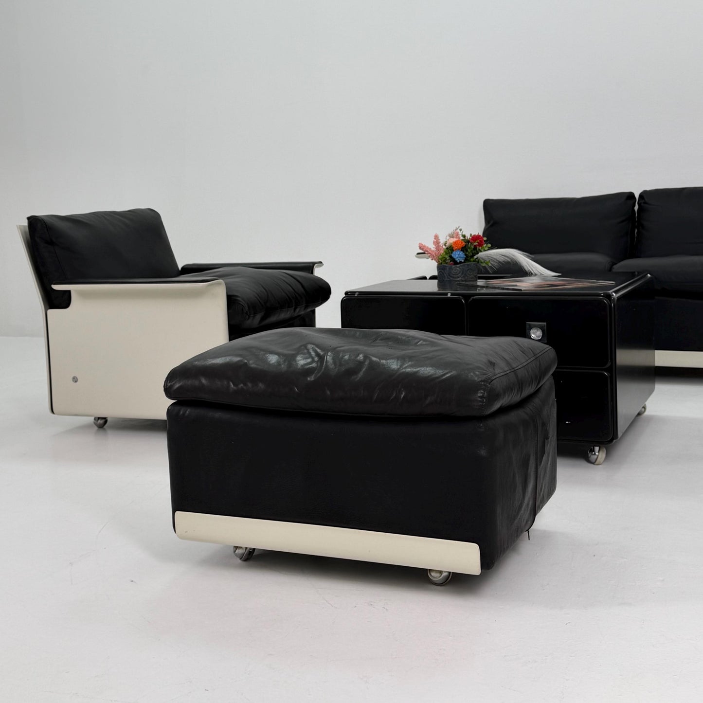 Rare Space Age Lounge Set 4-Piece by Dieter Rams Two Sofas, Armchair Ottoman | Original Black Leather 1960s Germany