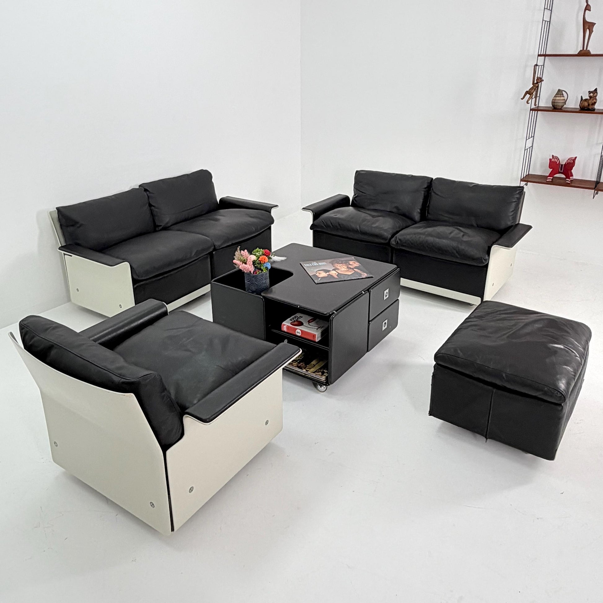 Rare Space Age Lounge Set 4-Piece by Dieter Rams Two Sofas, Armchair Ottoman | Original Black Leather 1960s Germany