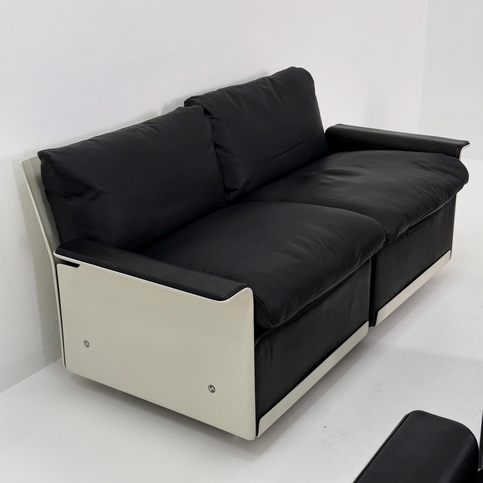 Rare Space Age Lounge Set 4-Piece by Dieter Rams Two Sofas, Armchair Ottoman | Original Black Leather 1960s Germany