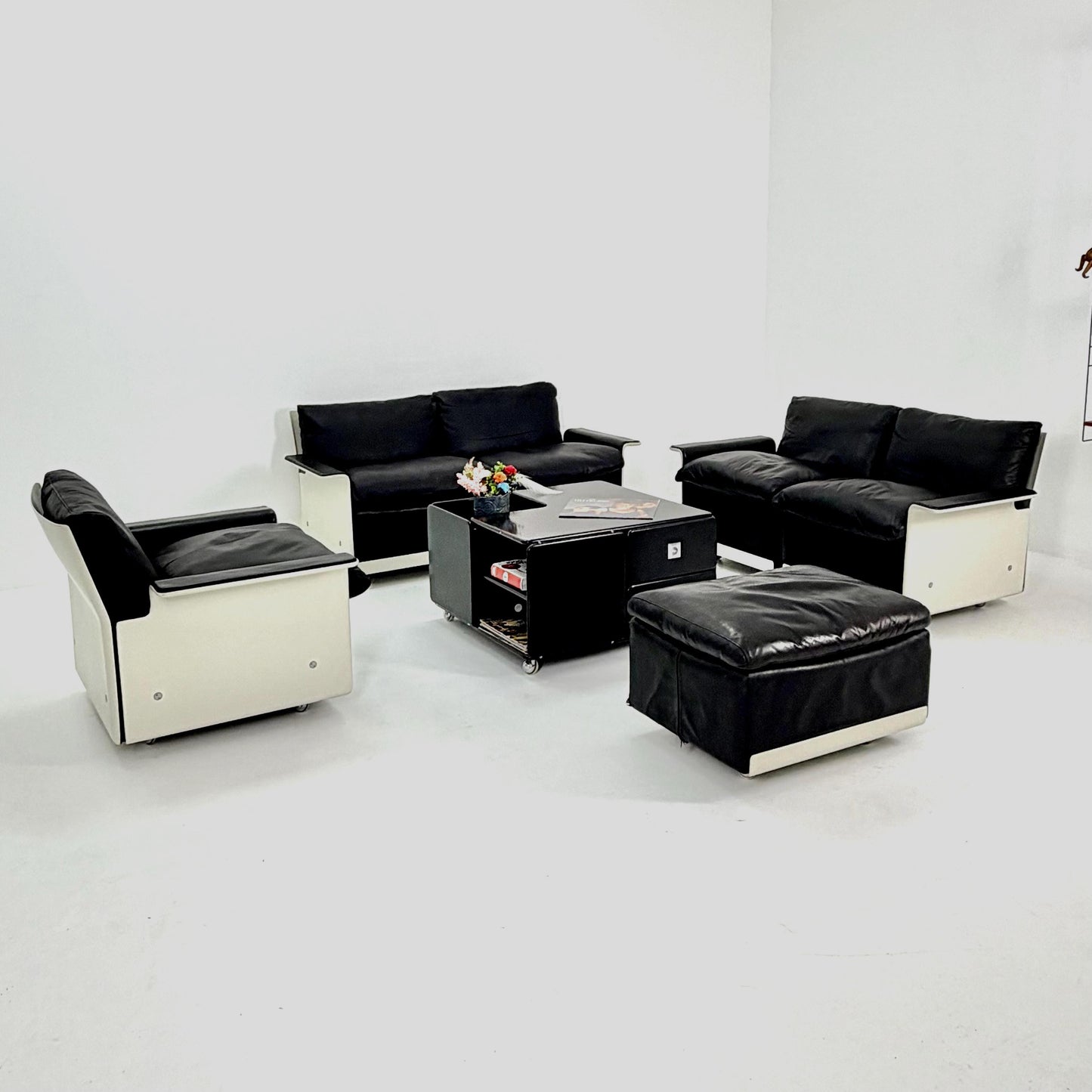 Rare Space Age Lounge Set 4-Piece by Dieter Rams Two Sofas, Armchair Ottoman | Original Black Leather 1960s Germany