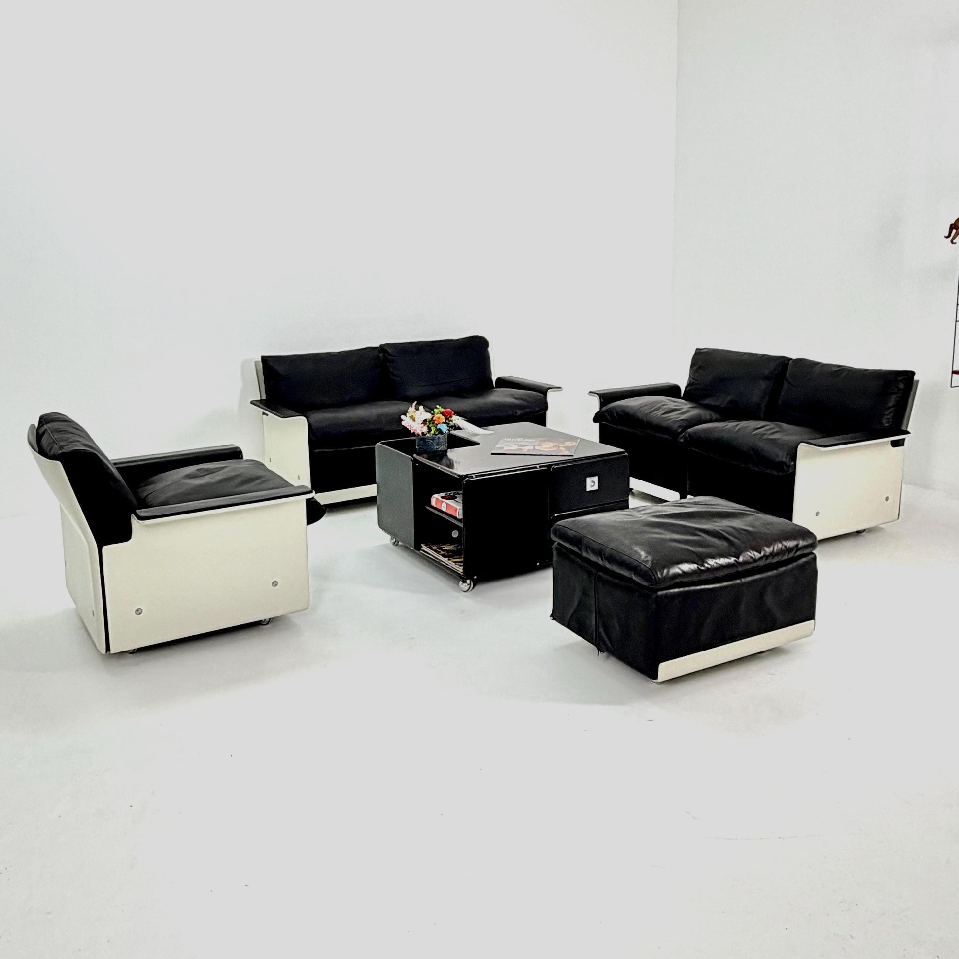 Rare Space Age Lounge Set 4-Piece by Dieter Rams Two Sofas, Armchair Ottoman | Original Black Leather 1960s Germany
