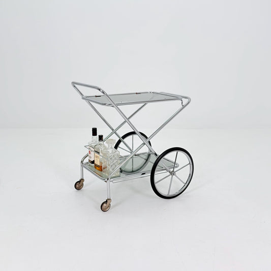 Rare French Bauhaus Drinks Trolley / Bar Cart – Chrome & Smoked Glass, Folding Service Cart, 1980s