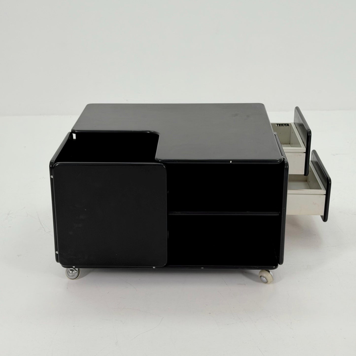 Rare Mid-Century Black Coffee Table by Tecta Germany | Bauhaus Design 1980s | Sliding Drawers on Wheels