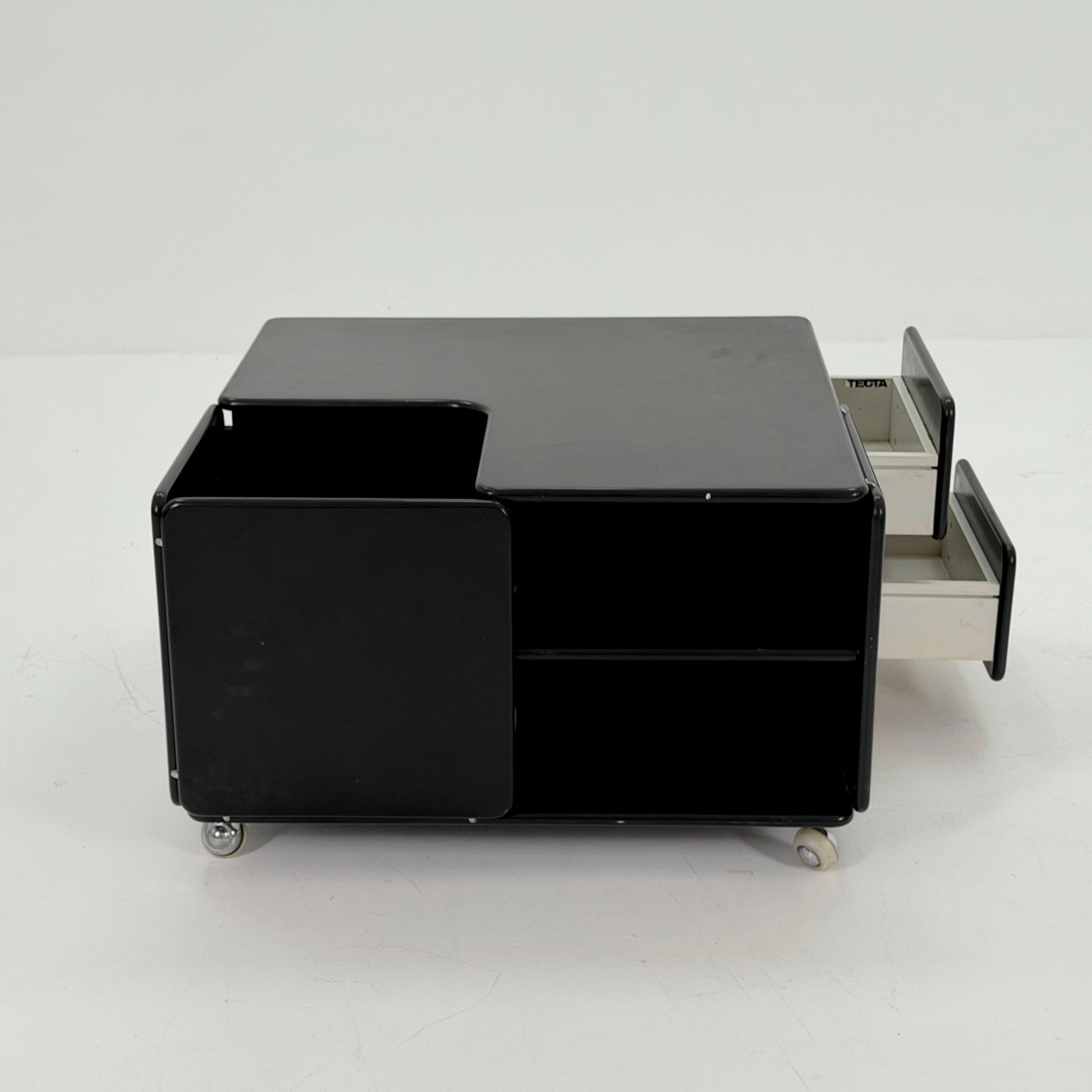 Rare Mid-Century Black Coffee Table by Tecta Germany | Bauhaus Design 1980s | Sliding Drawers on Wheels