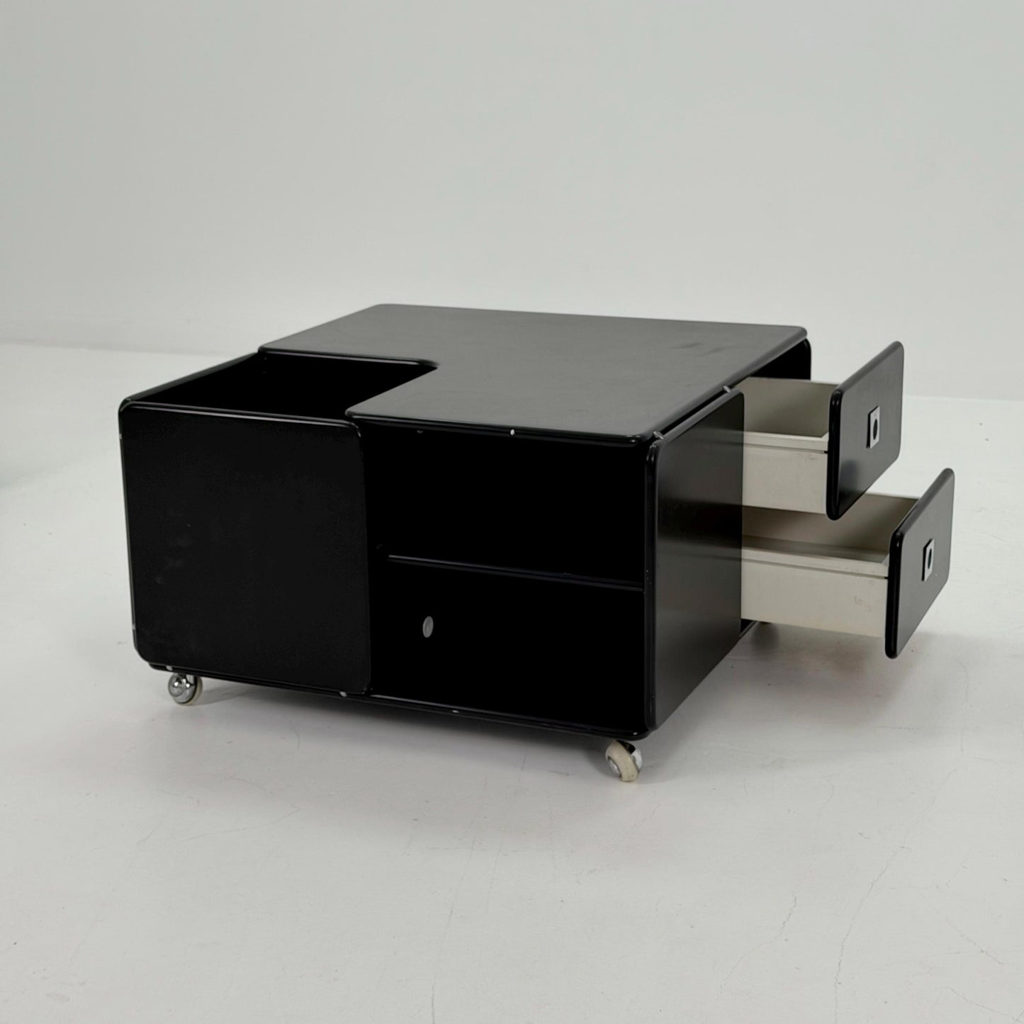 Rare Mid-Century Black Coffee Table by Tecta Germany | Bauhaus Design 1980s | Sliding Drawers on Wheels