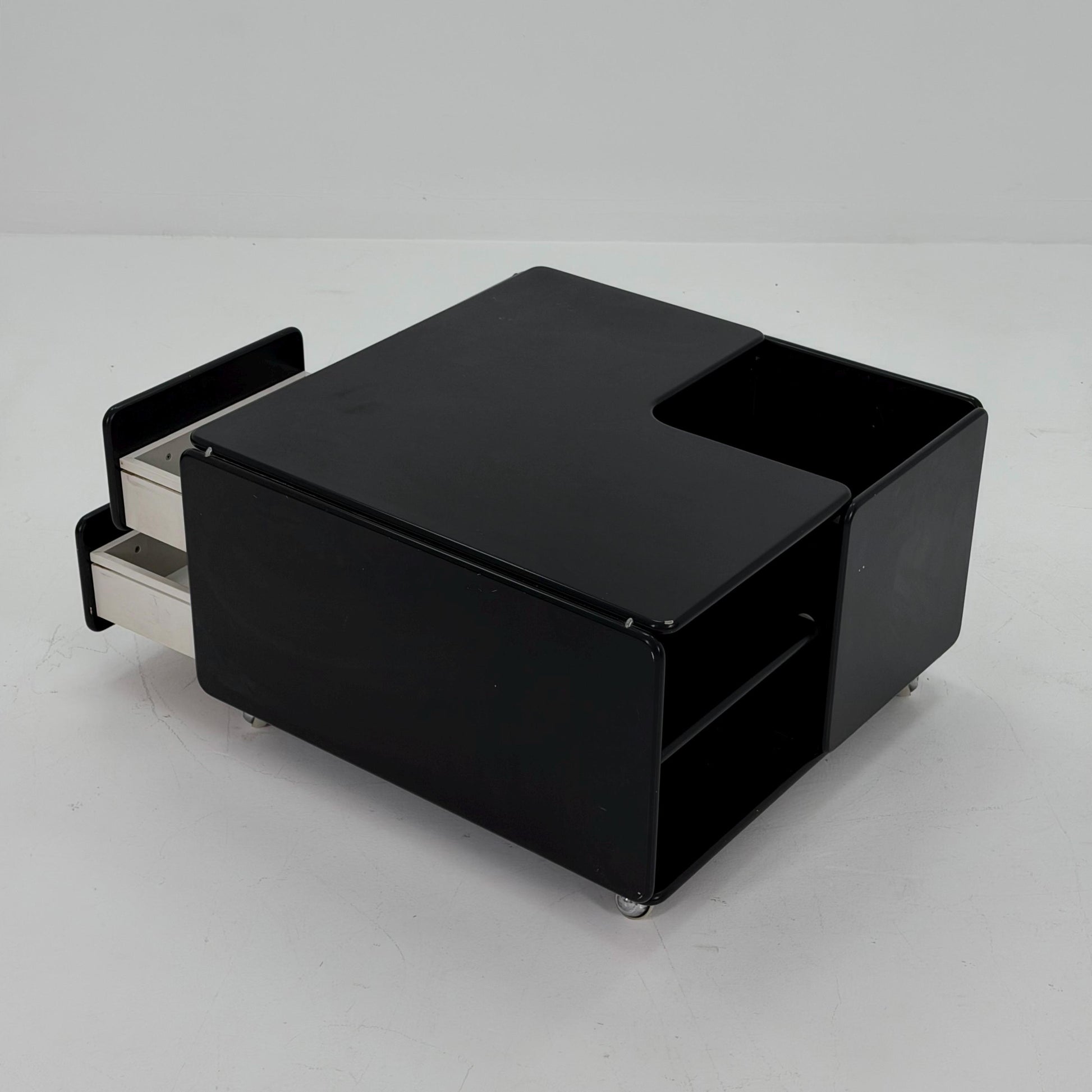 Rare Mid-Century Black Coffee Table by Tecta Germany | Bauhaus Design 1980s | Sliding Drawers on Wheels