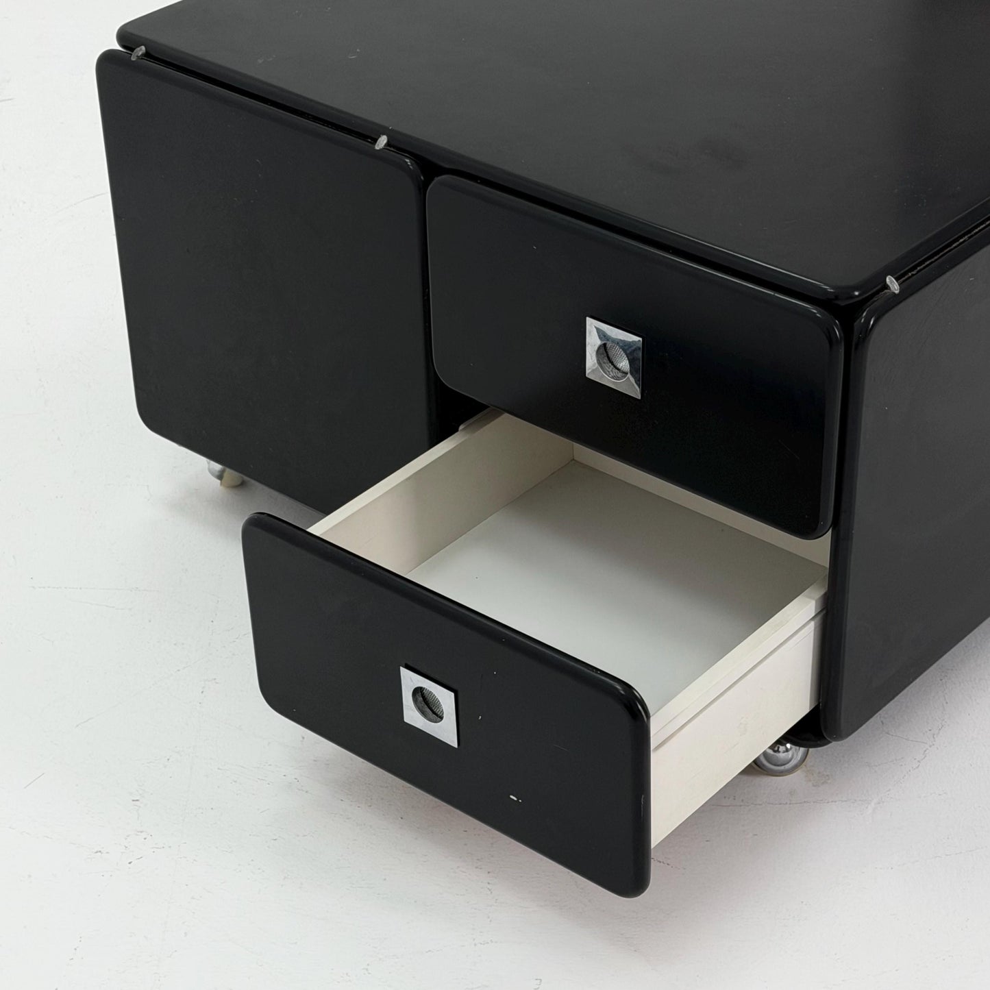 Rare Mid-Century Black Coffee Table by Tecta Germany | Bauhaus Design 1980s | Sliding Drawers on Wheels