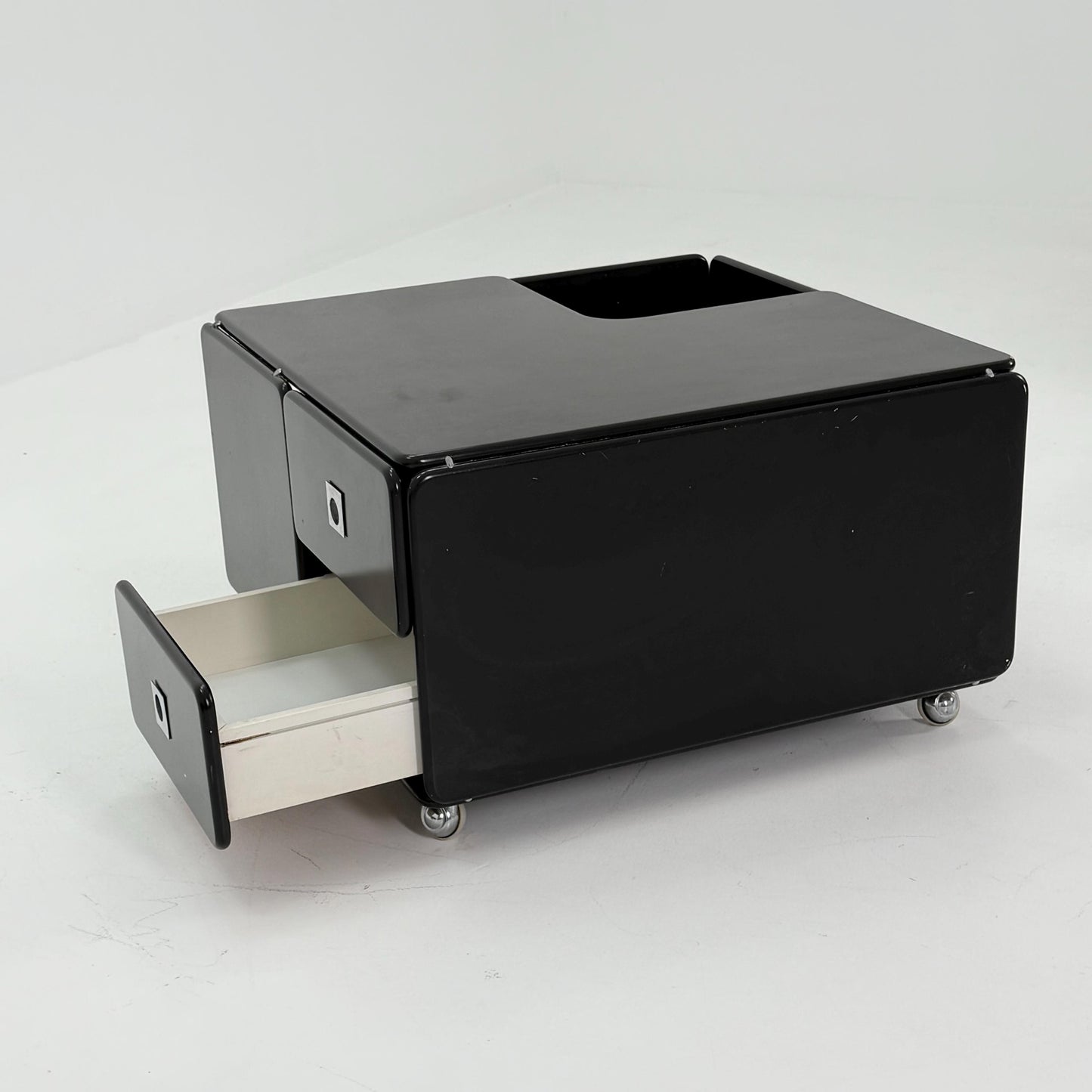 Rare Mid-Century Black Coffee Table by Tecta Germany | Bauhaus Design 1980s | Sliding Drawers on Wheels