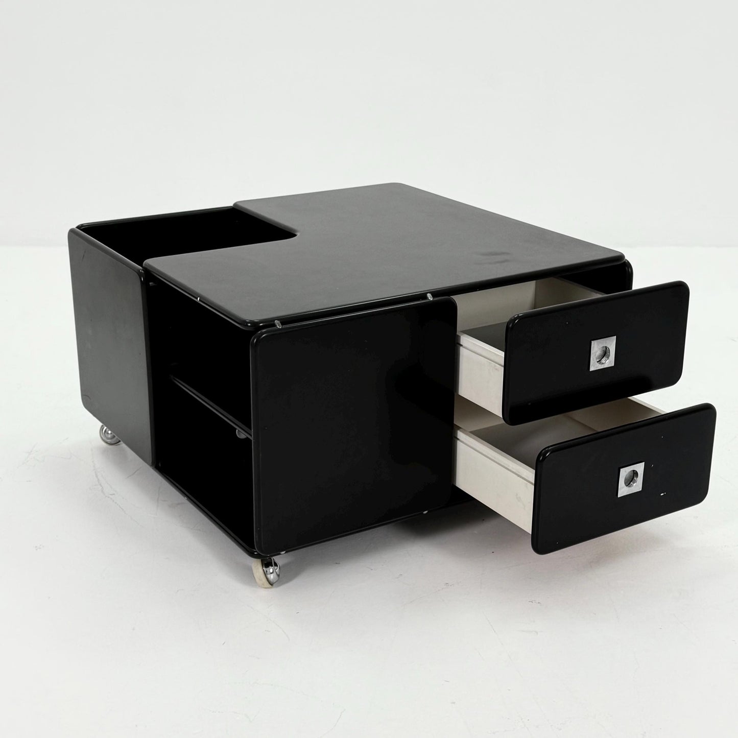 Rare Mid-Century Black Coffee Table by Tecta Germany | Bauhaus Design 1980s | Sliding Drawers on Wheels